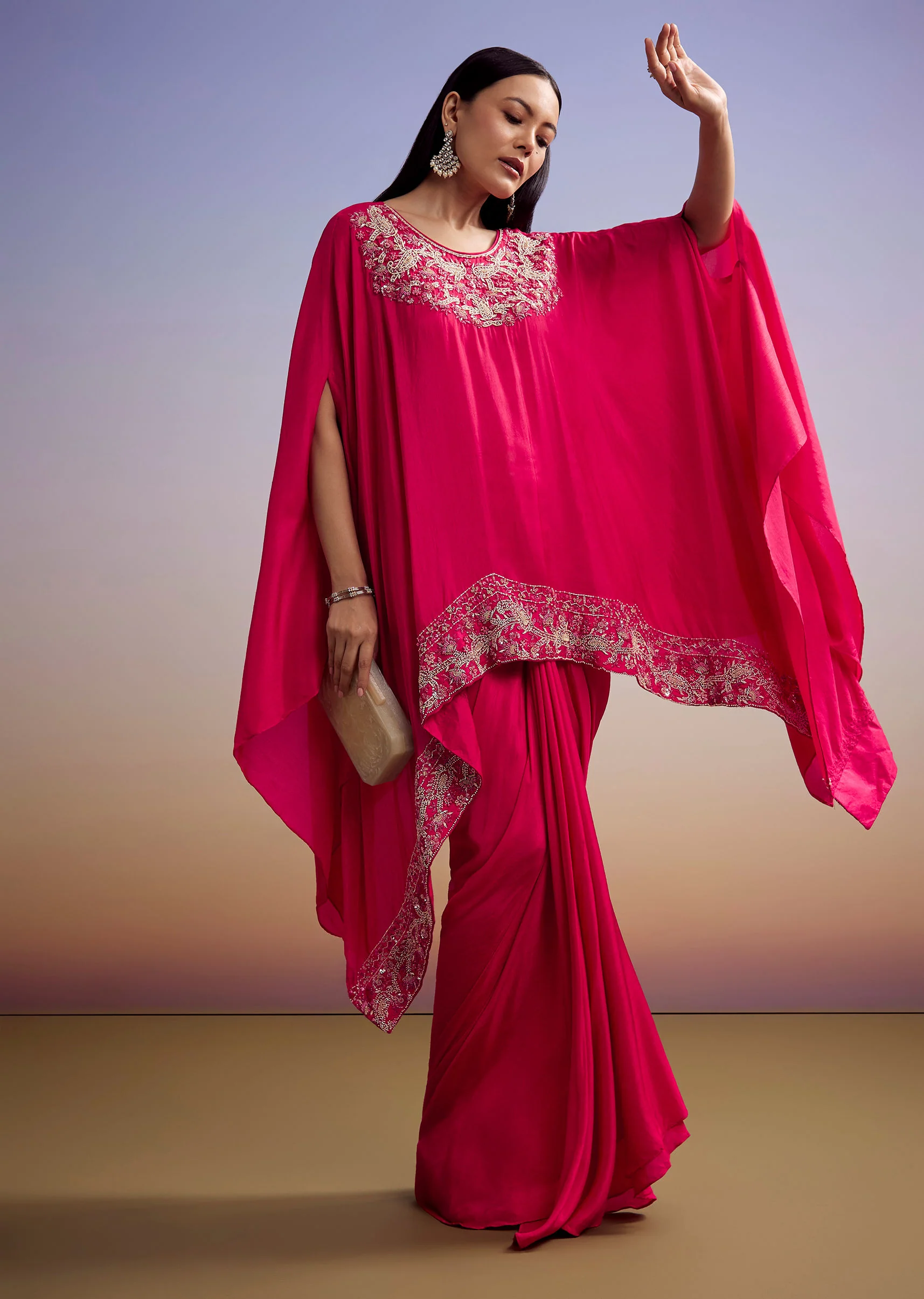 Pink Crop Top And Skirt Set With Moti And Sequins Work - Image 3