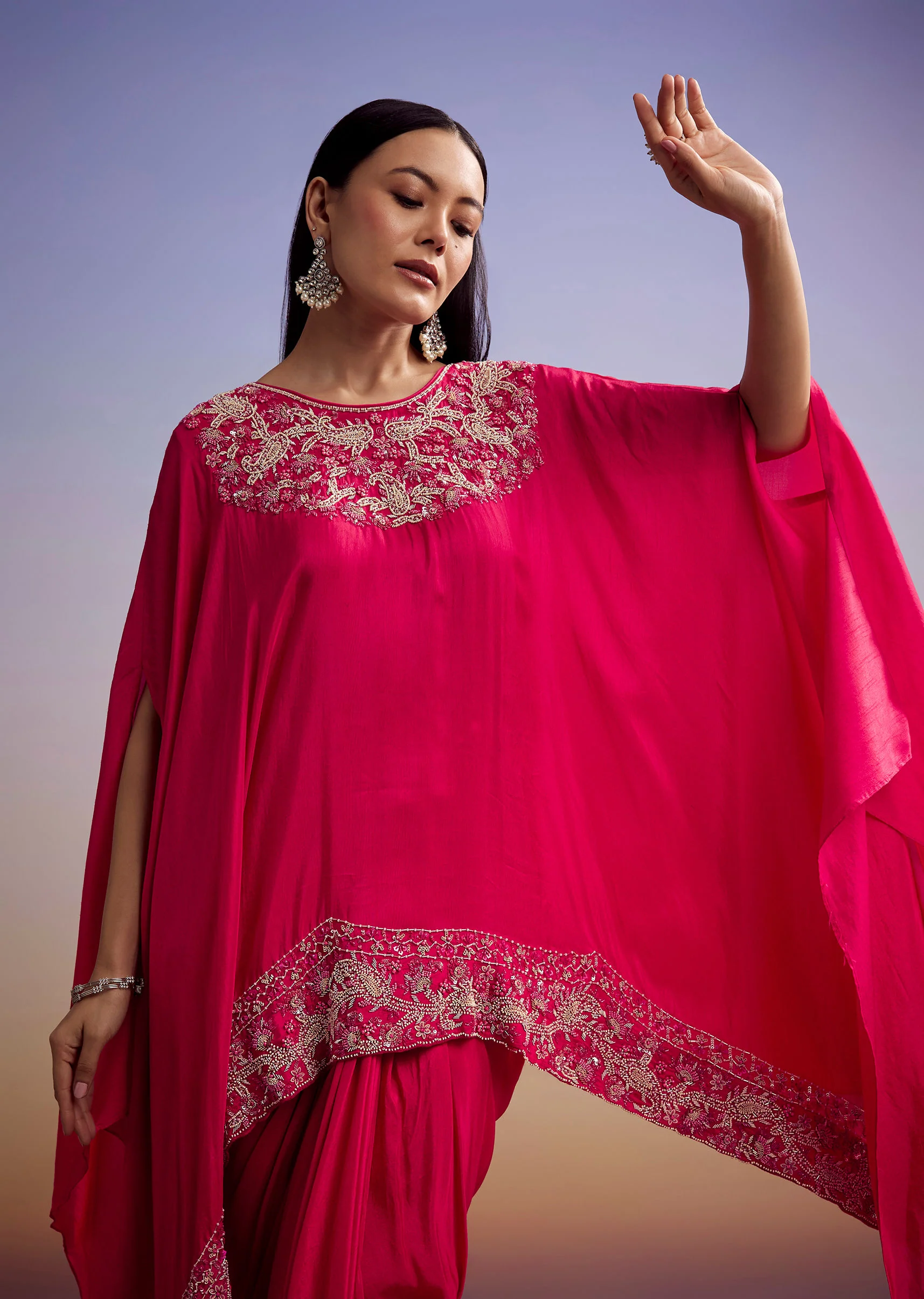 Pink Crop Top And Skirt Set With Moti And Sequins Work - Image 4
