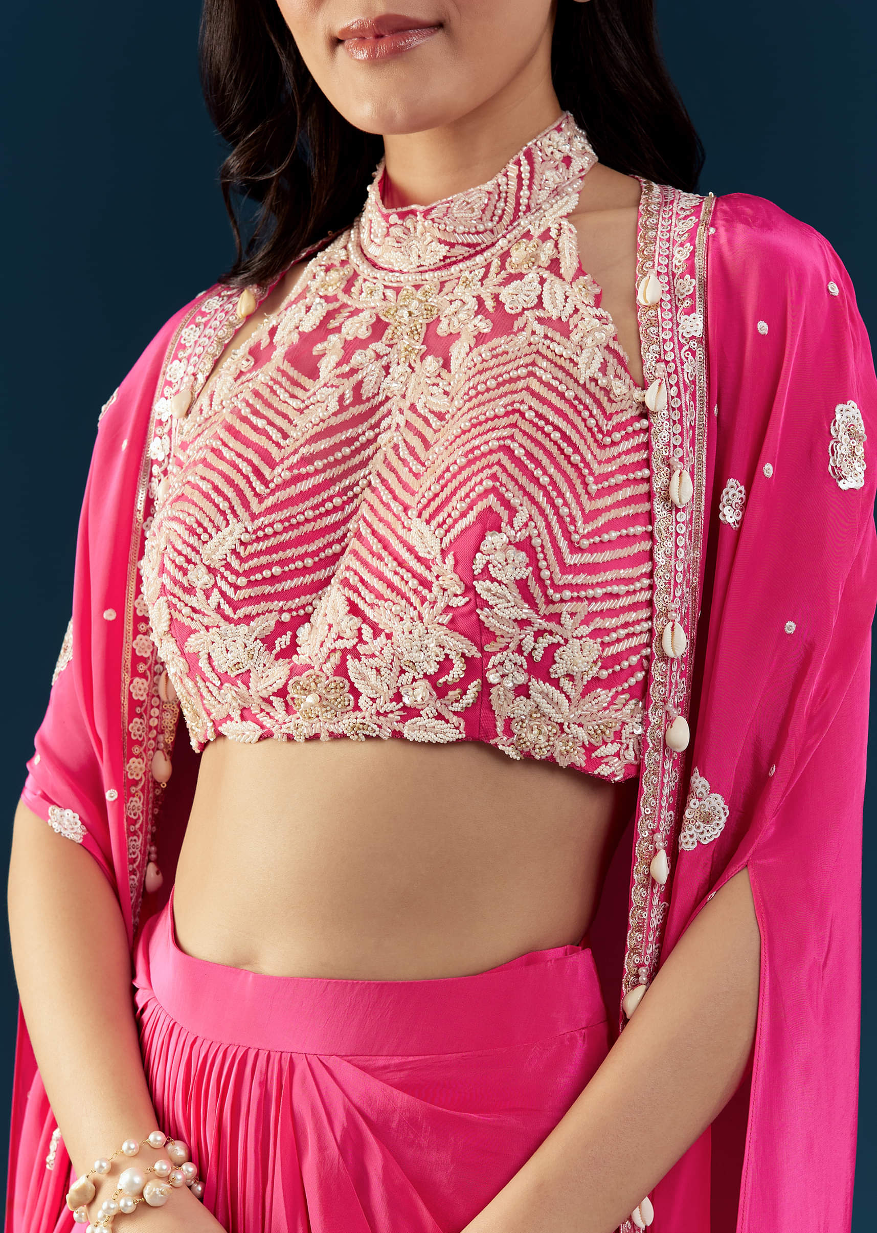 Pink Crop Top Skirt Set with Cape - Image 2