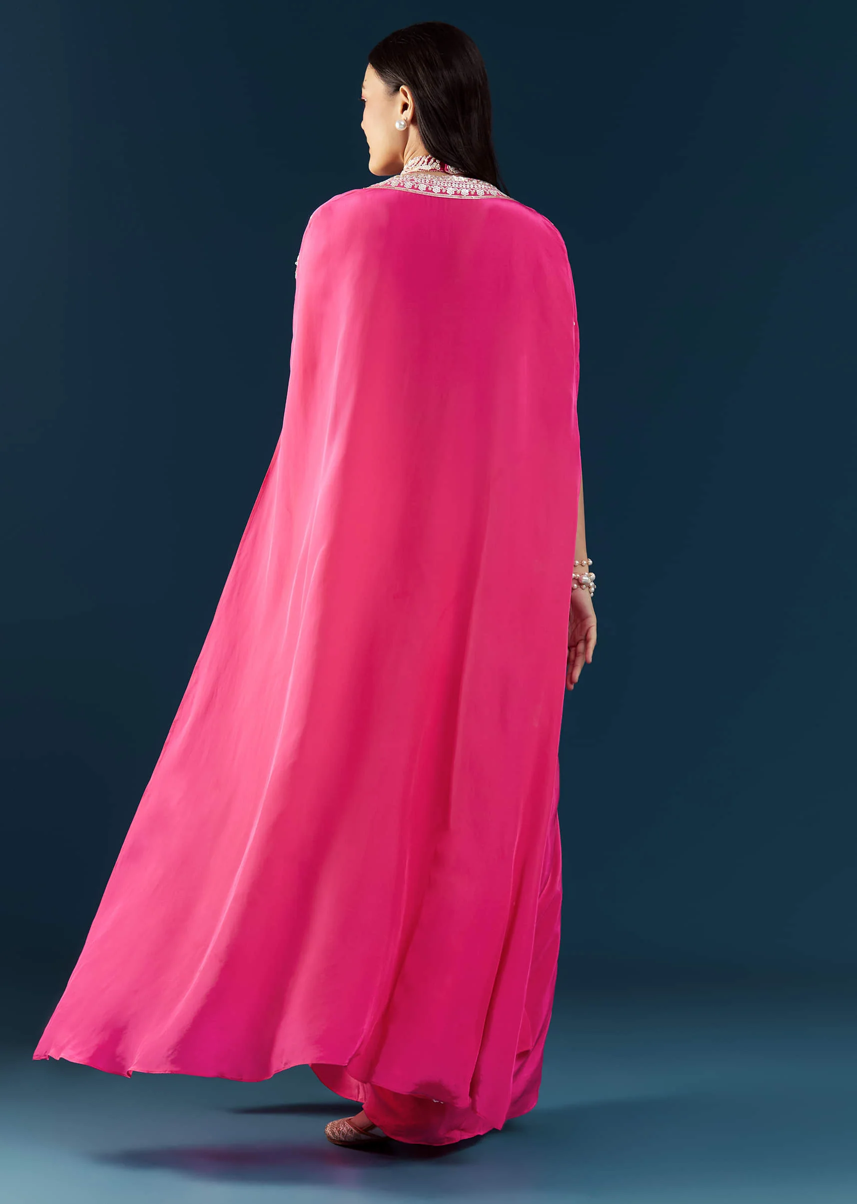 Pink Crop Top Skirt Set with Cape - Image 5