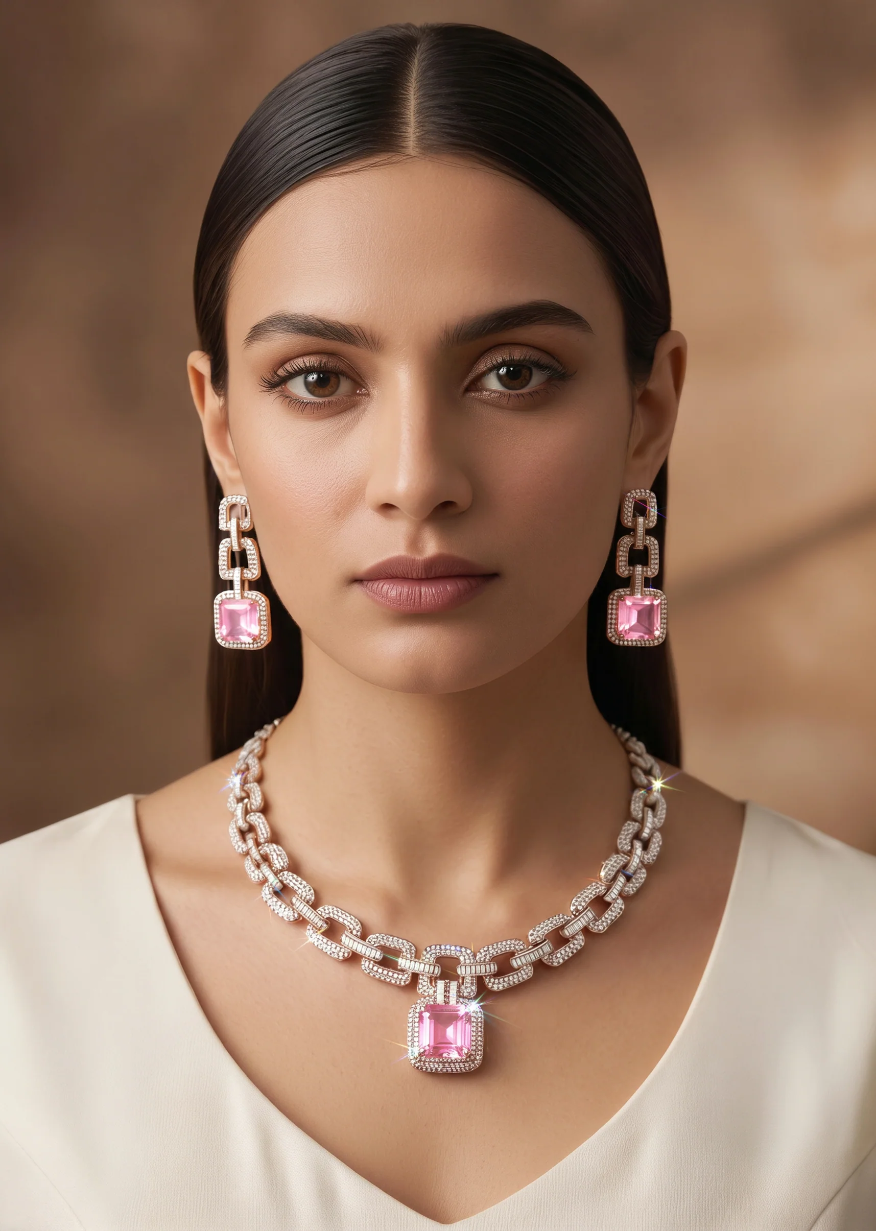 Pink Crystal And Black Bead Statement Necklace Set