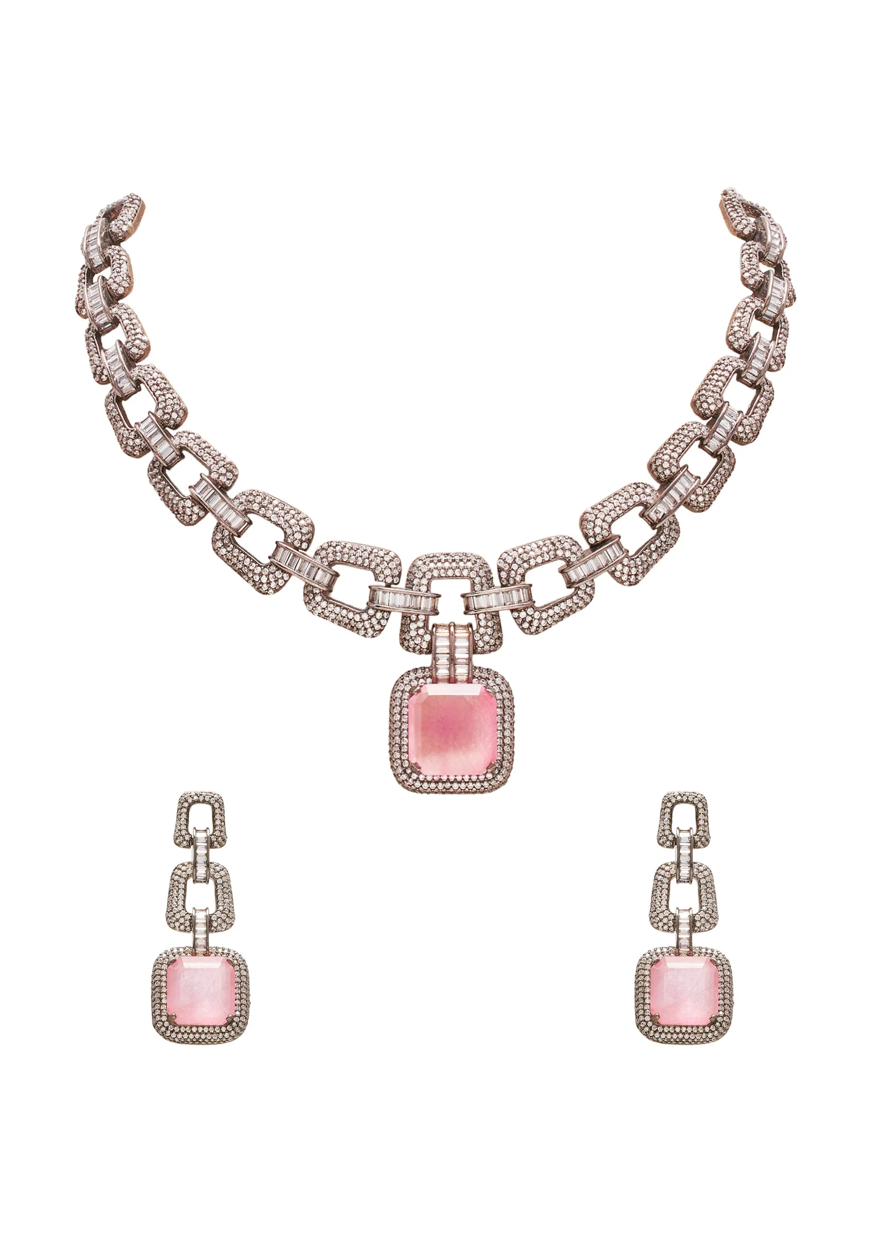 Pink Crystal And Black Bead Statement Necklace Set - Image 2