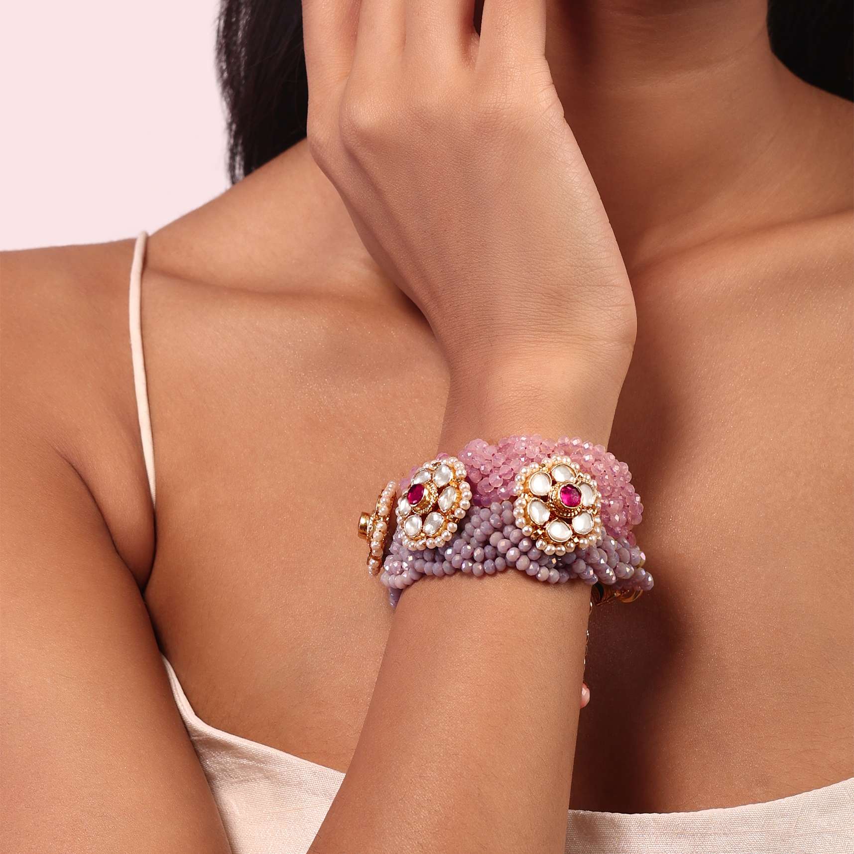Pink Crystal Beaded With Kundan Studs Bracelet - Image 2