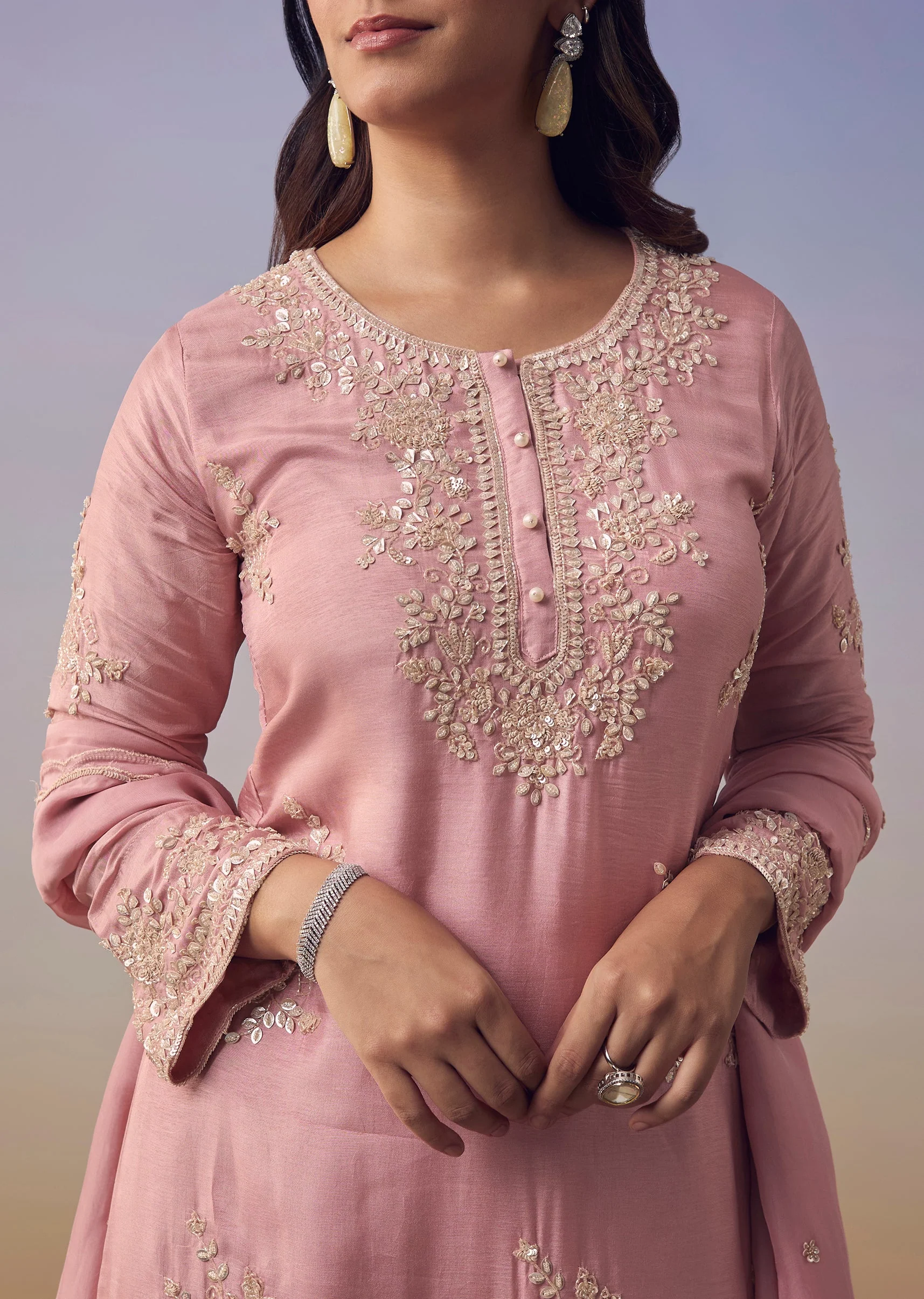 Pink Cutdana Embellished Kurta And Palazzo Set - Image 2