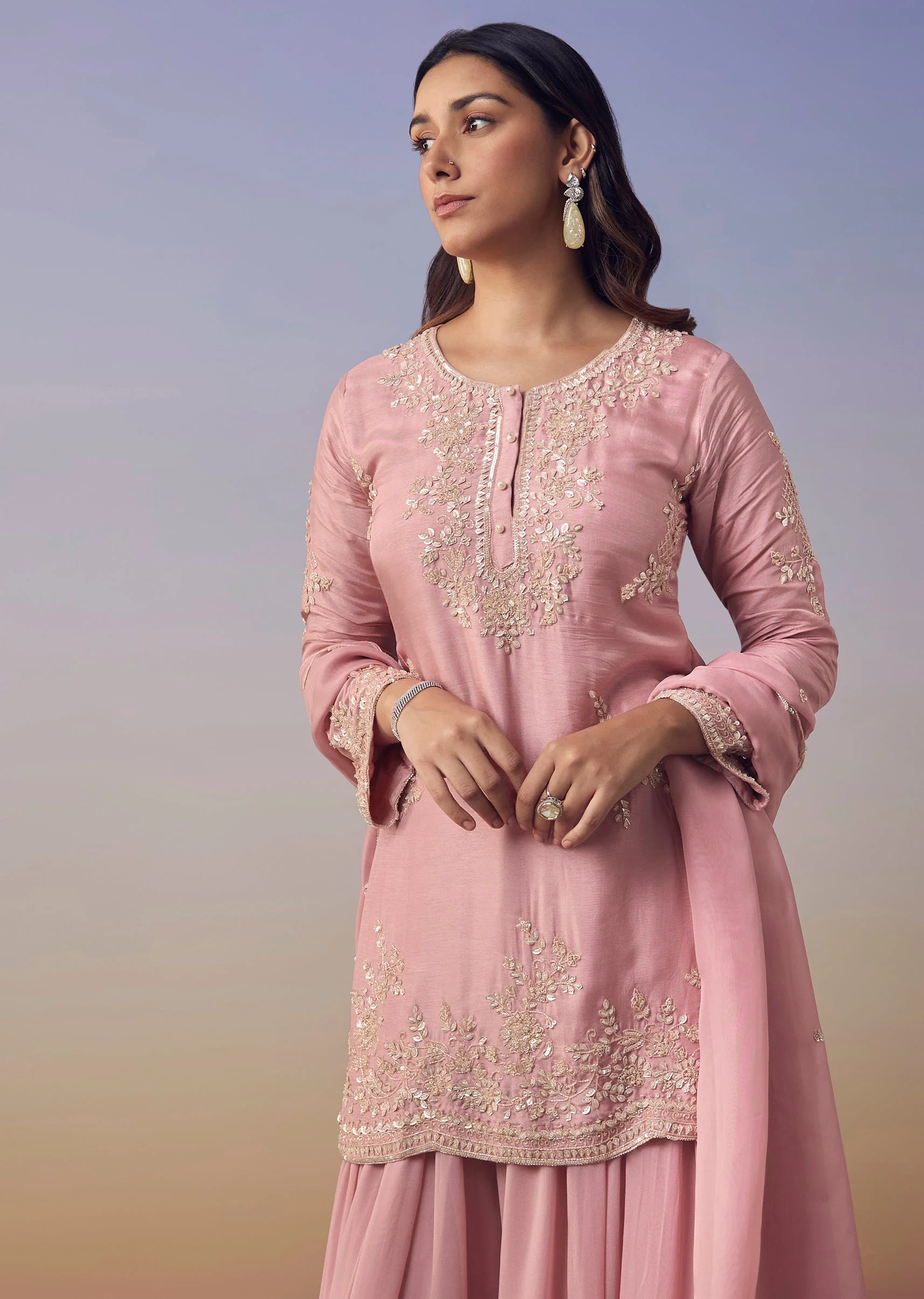 Pink Cutdana Embellished Kurta And Palazzo Set - Image 4
