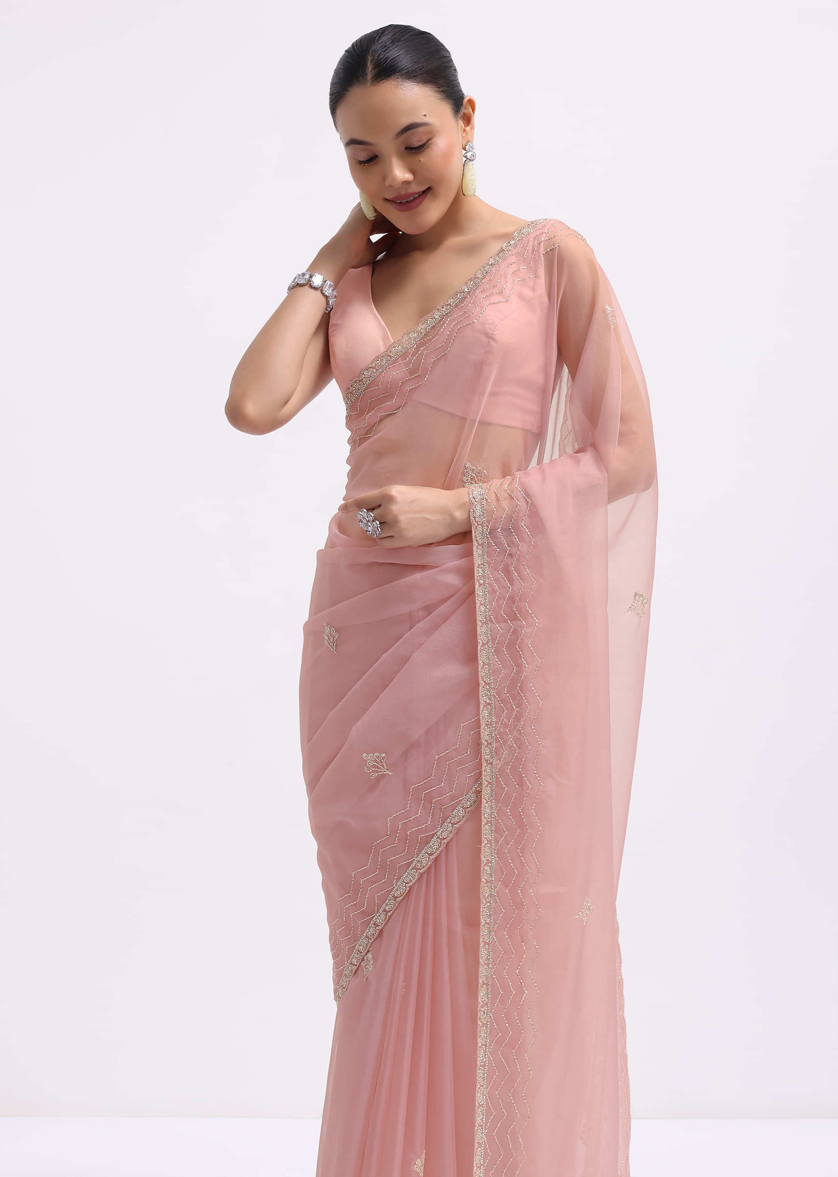 Pink Cutdana Embroidered Organza Saree With Unstitched Blouse - Image 3