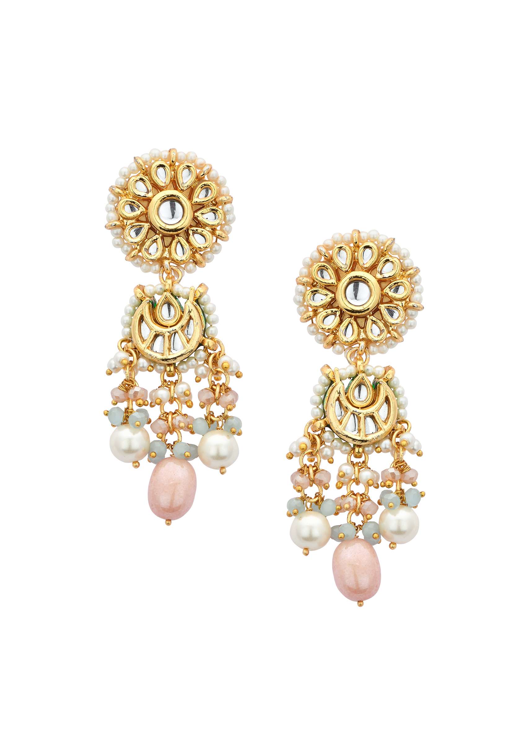 Pink Danglers With Bead Drops And Floral Motif - Image 2