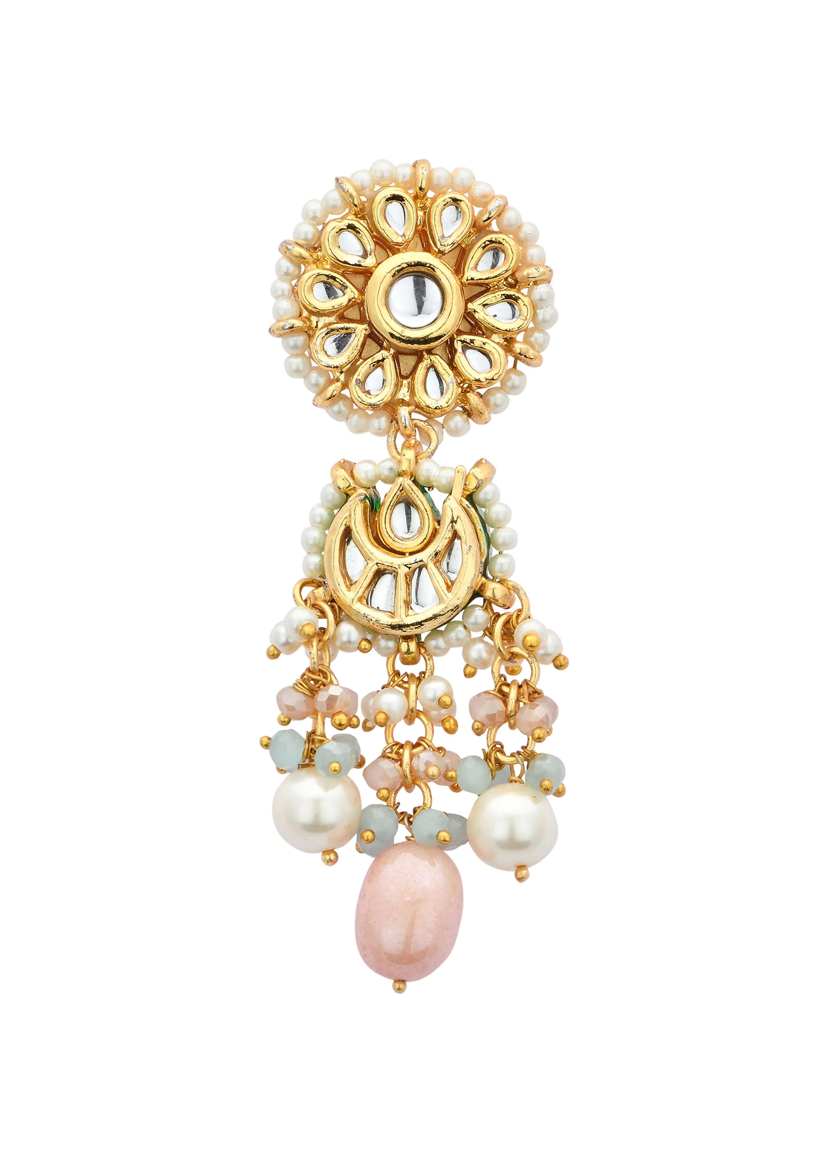 Pink Danglers With Bead Drops And Floral Motif - Image 3