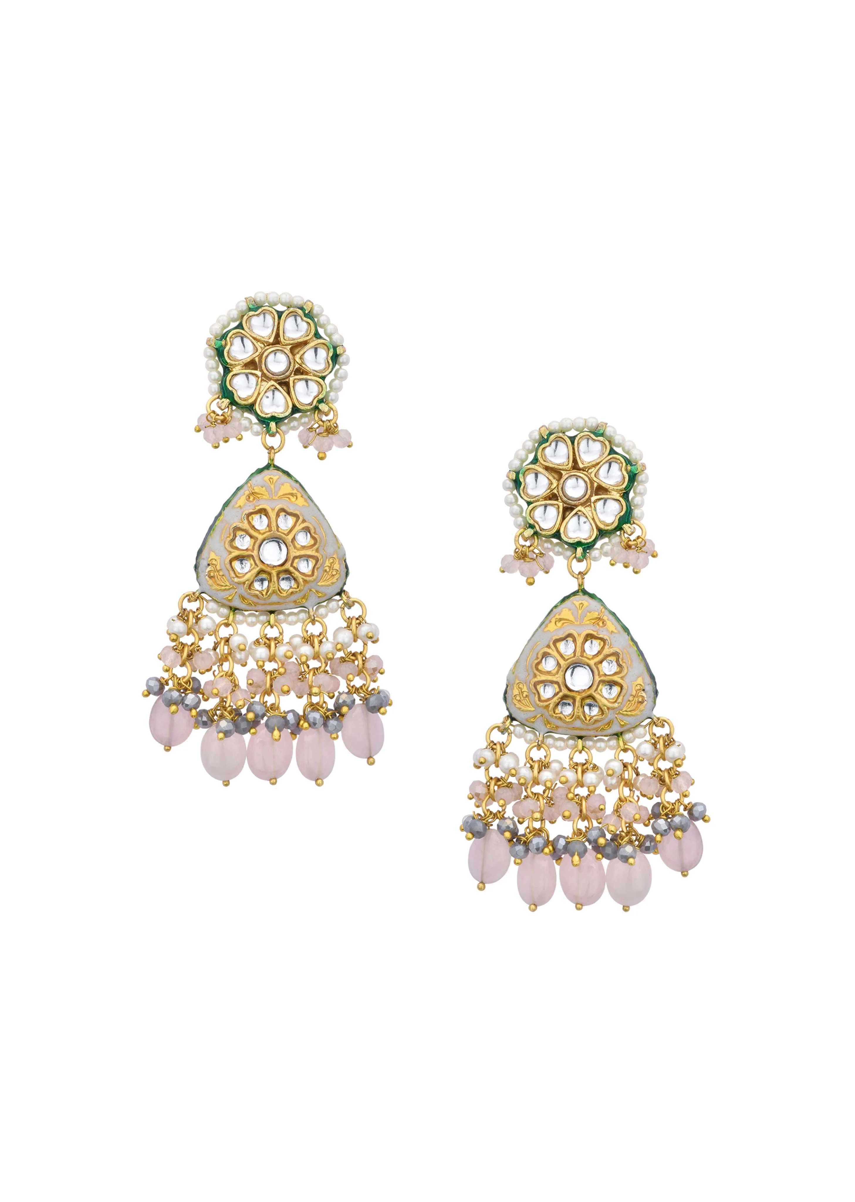 Pink Danglers With Bead Drops And Kundan - Image 2