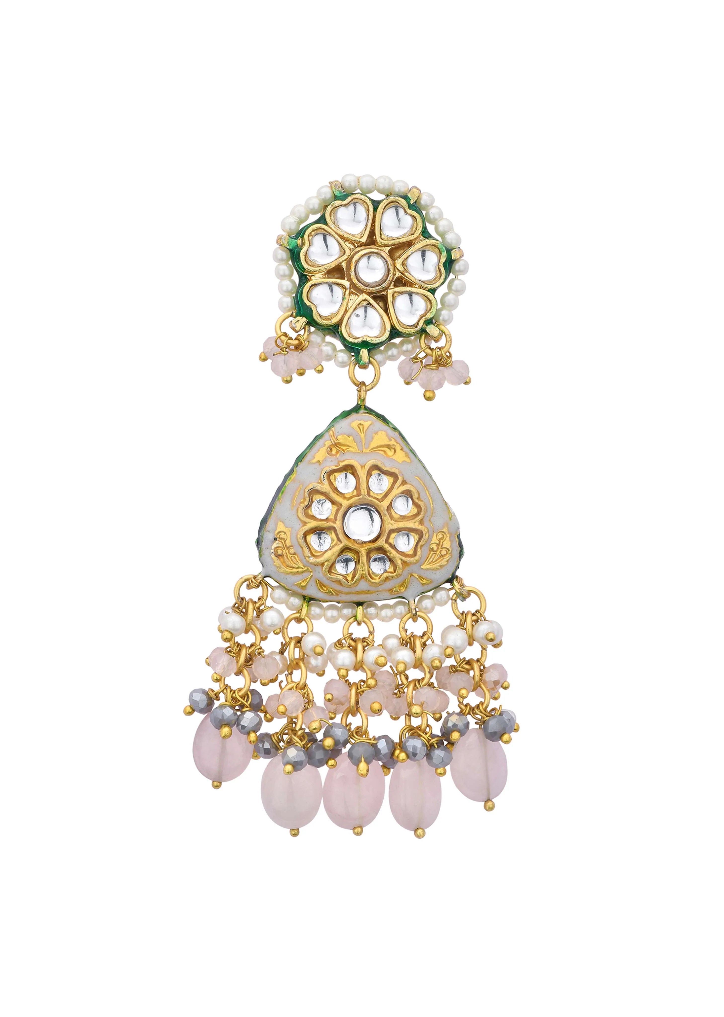 Pink Danglers With Bead Drops And Kundan - Image 3