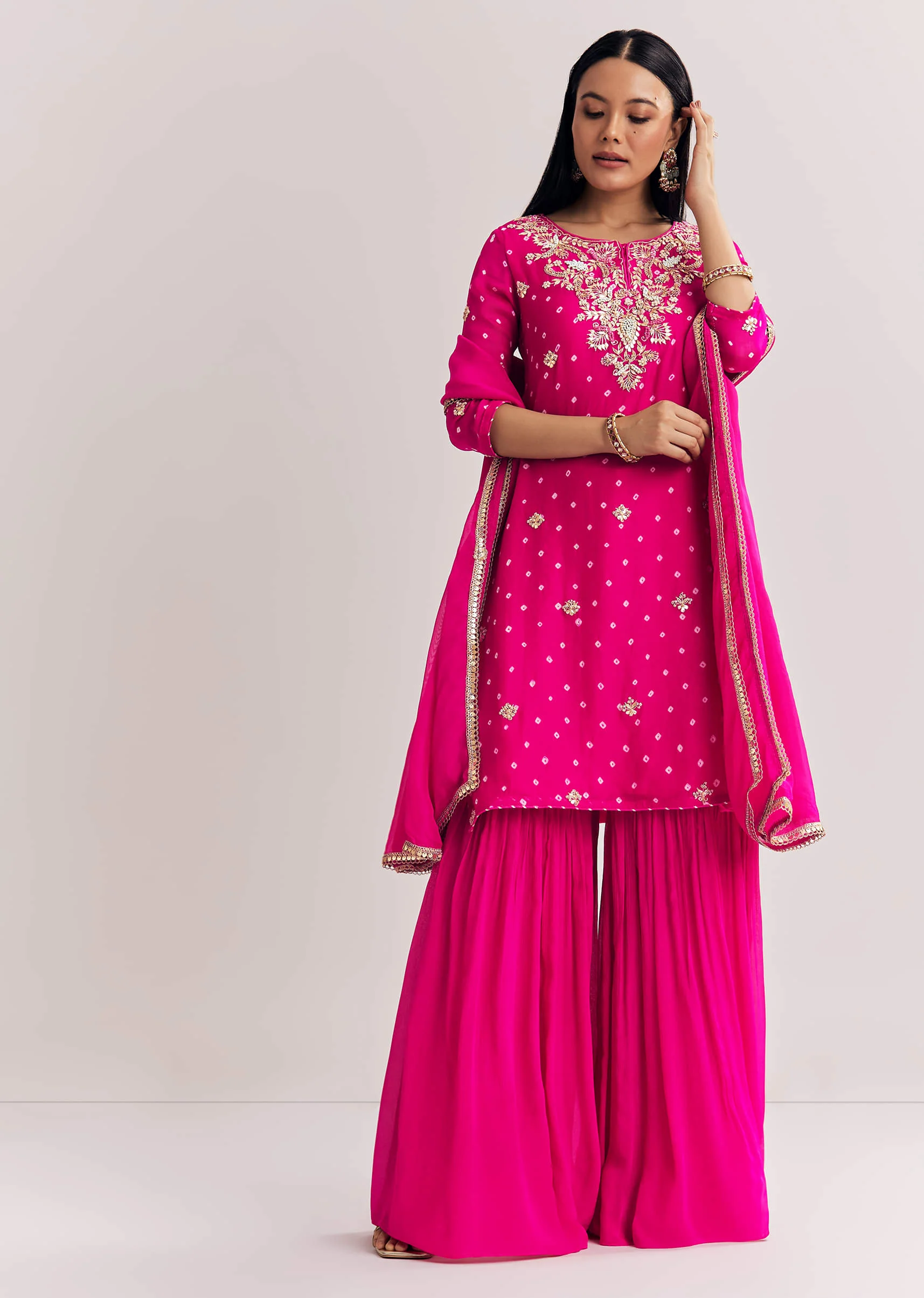Pink Dola Silk Sharara Suit With Embroidered Print - Image 3