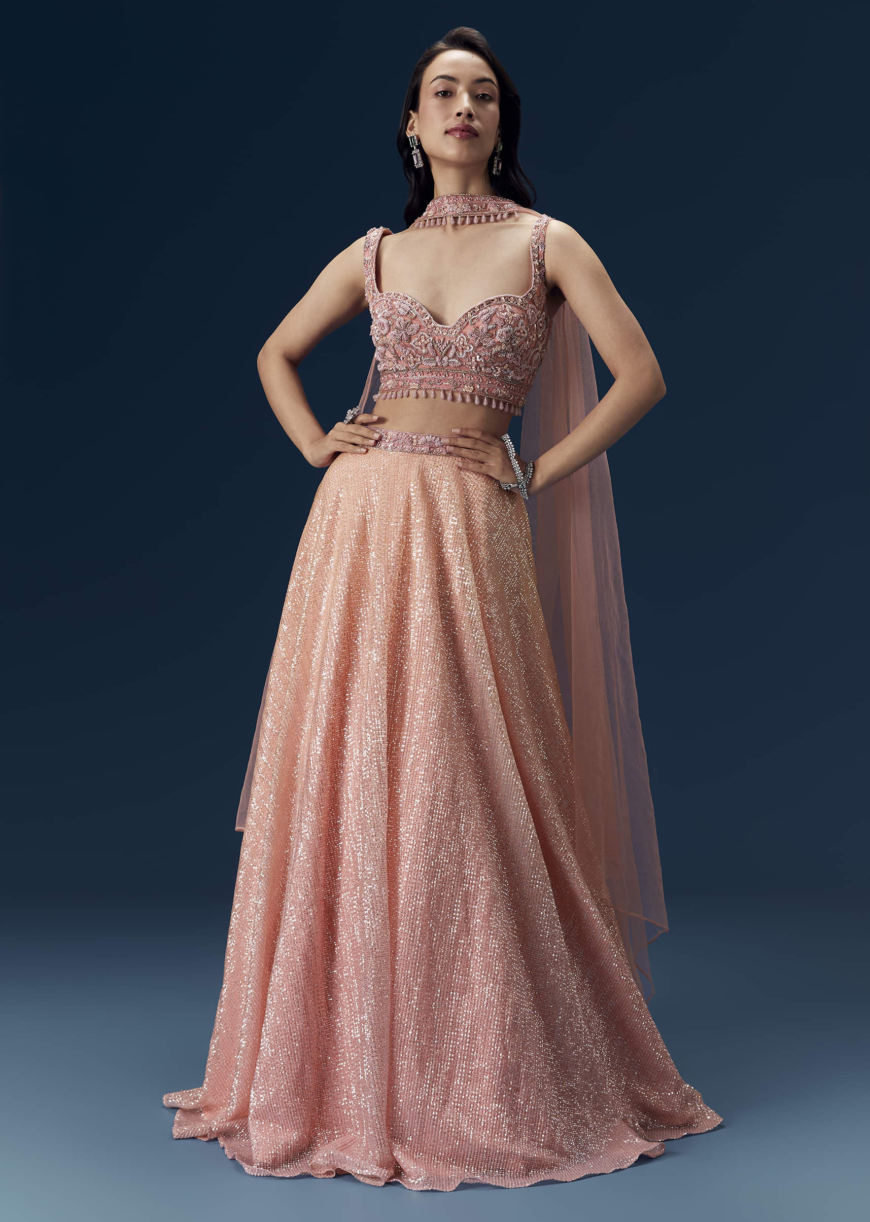 Pink Embellished Bridesmaid Lehega with Choker Dupatta - Image 4