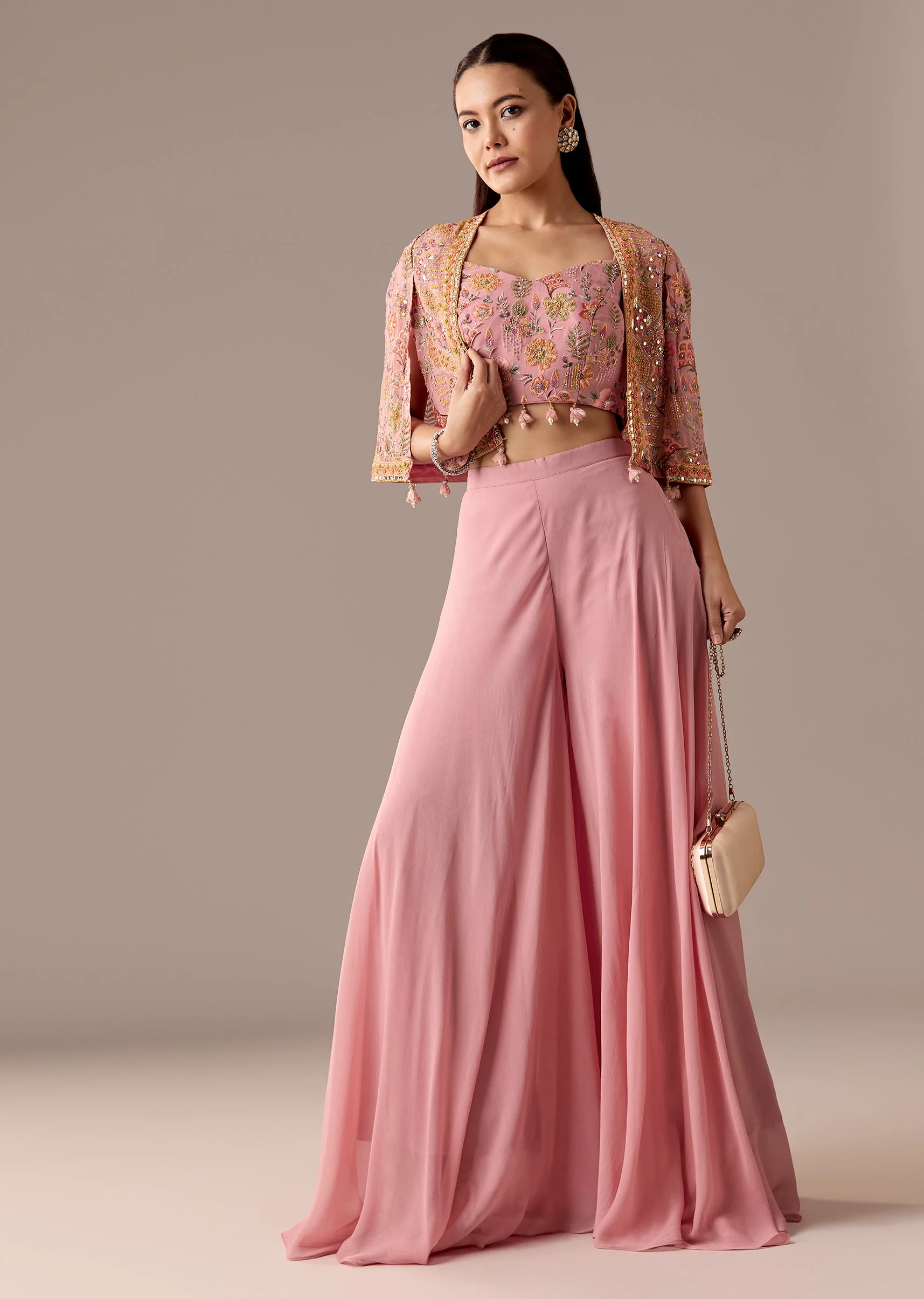 Pink Embellished Cape Palazzo Set - Image 3