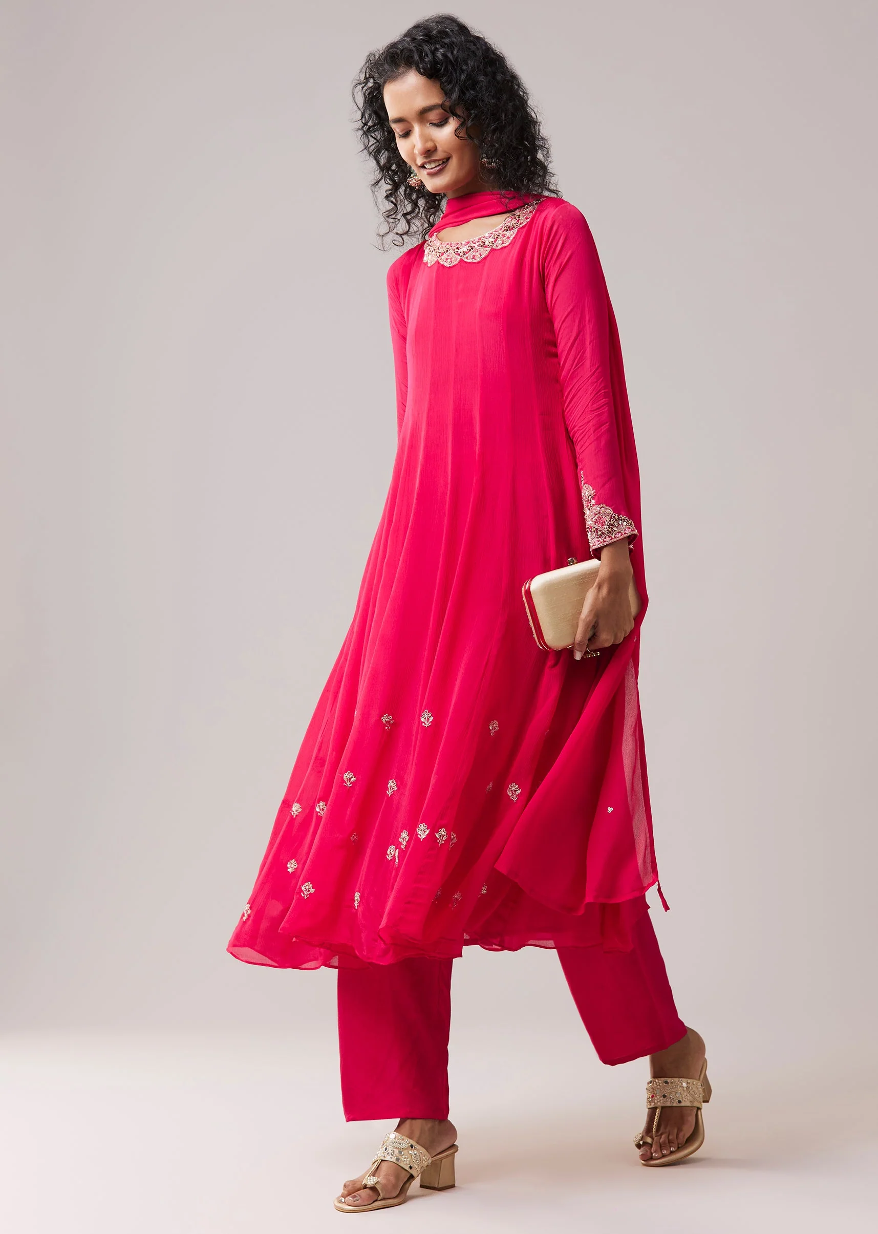Pink Embellished Chinon Anarkali Set - Image 3