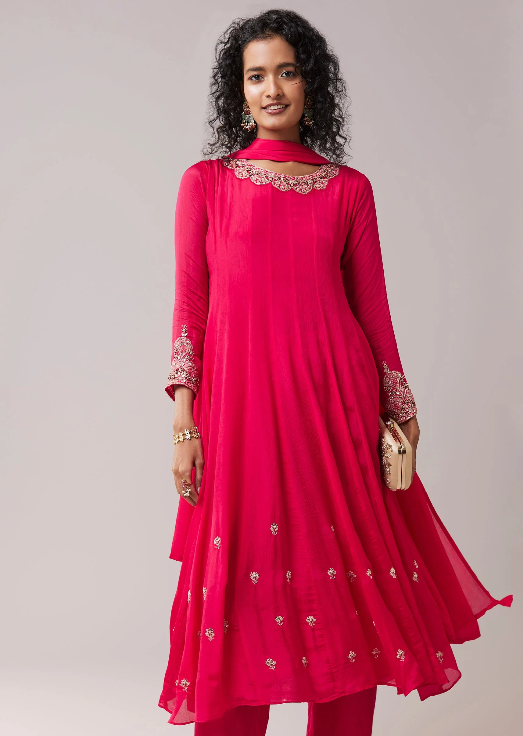 Pink Embellished Chinon Anarkali Set - Image 4