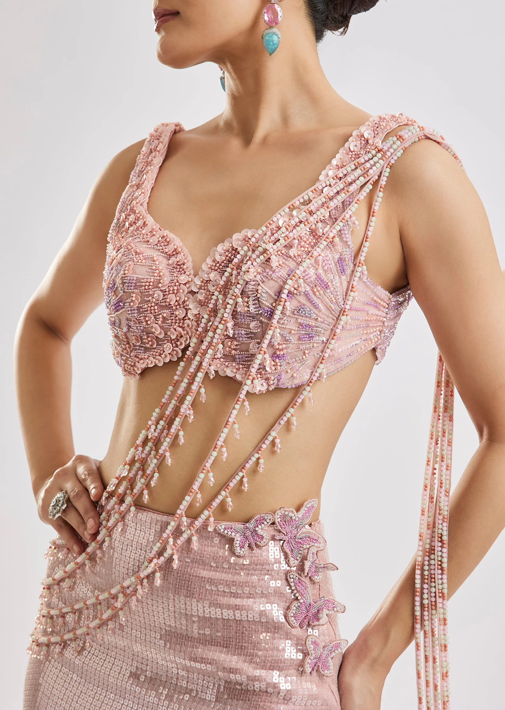 Pink Embellished Drape Saree Set - Image 3