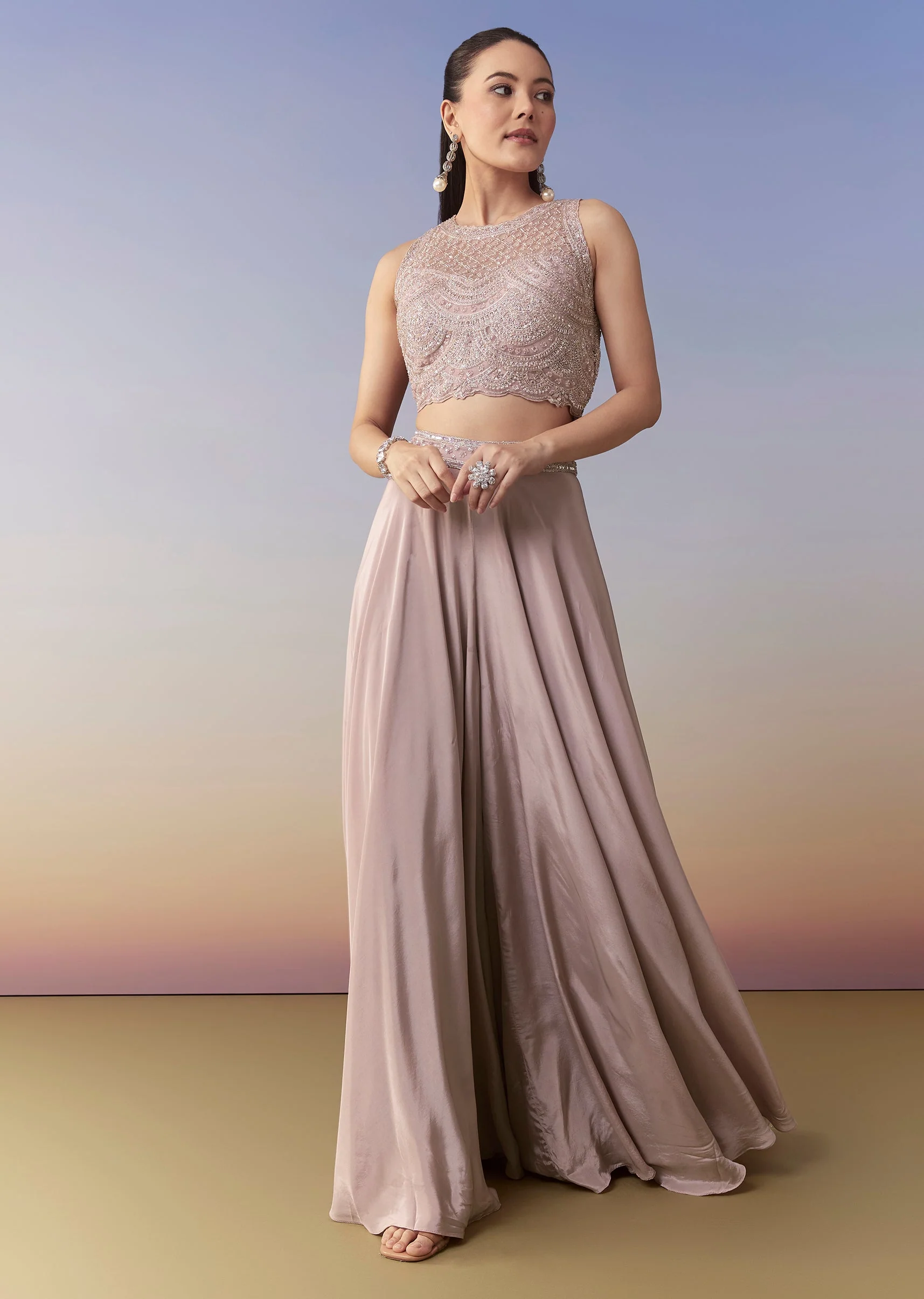 Pink Embellished Indo Western Crop Top Palazzo Set - Image 3