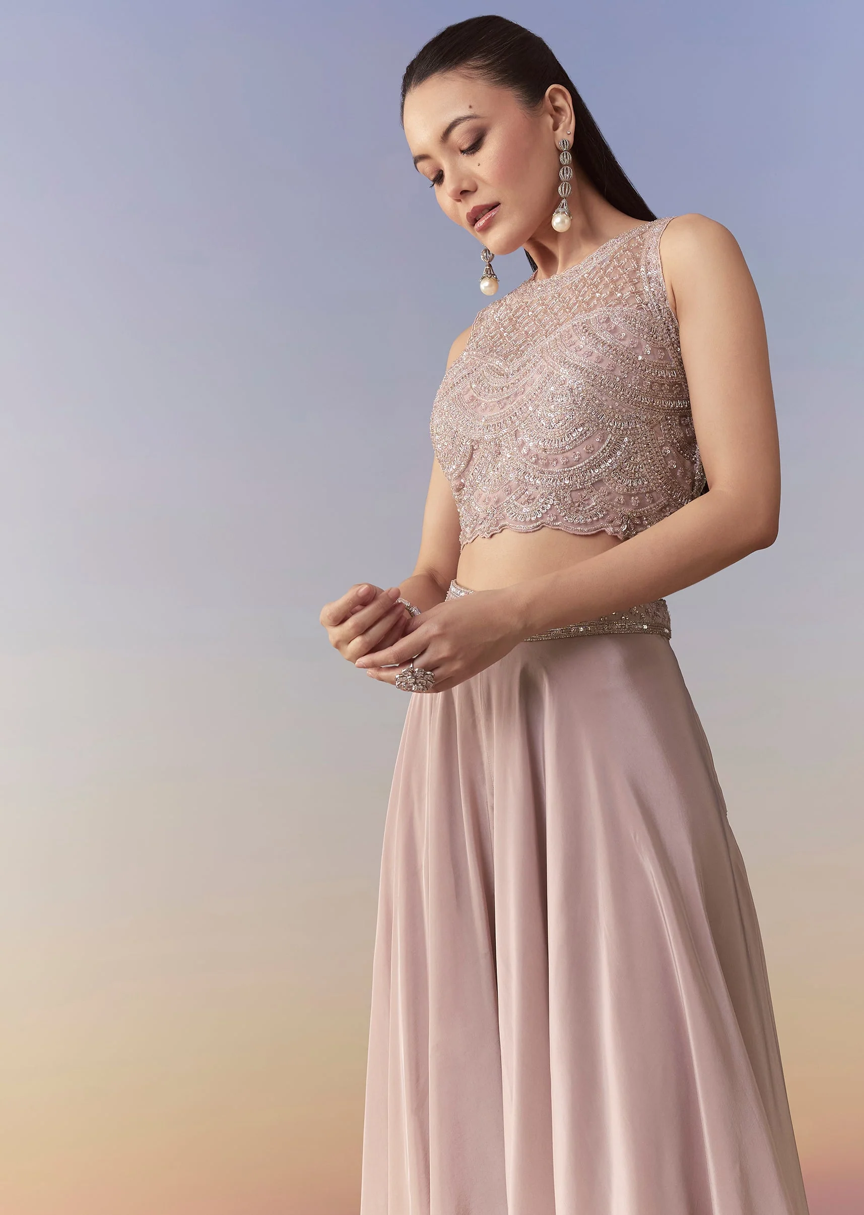 Pink Embellished Indo Western Crop Top Palazzo Set - Image 4