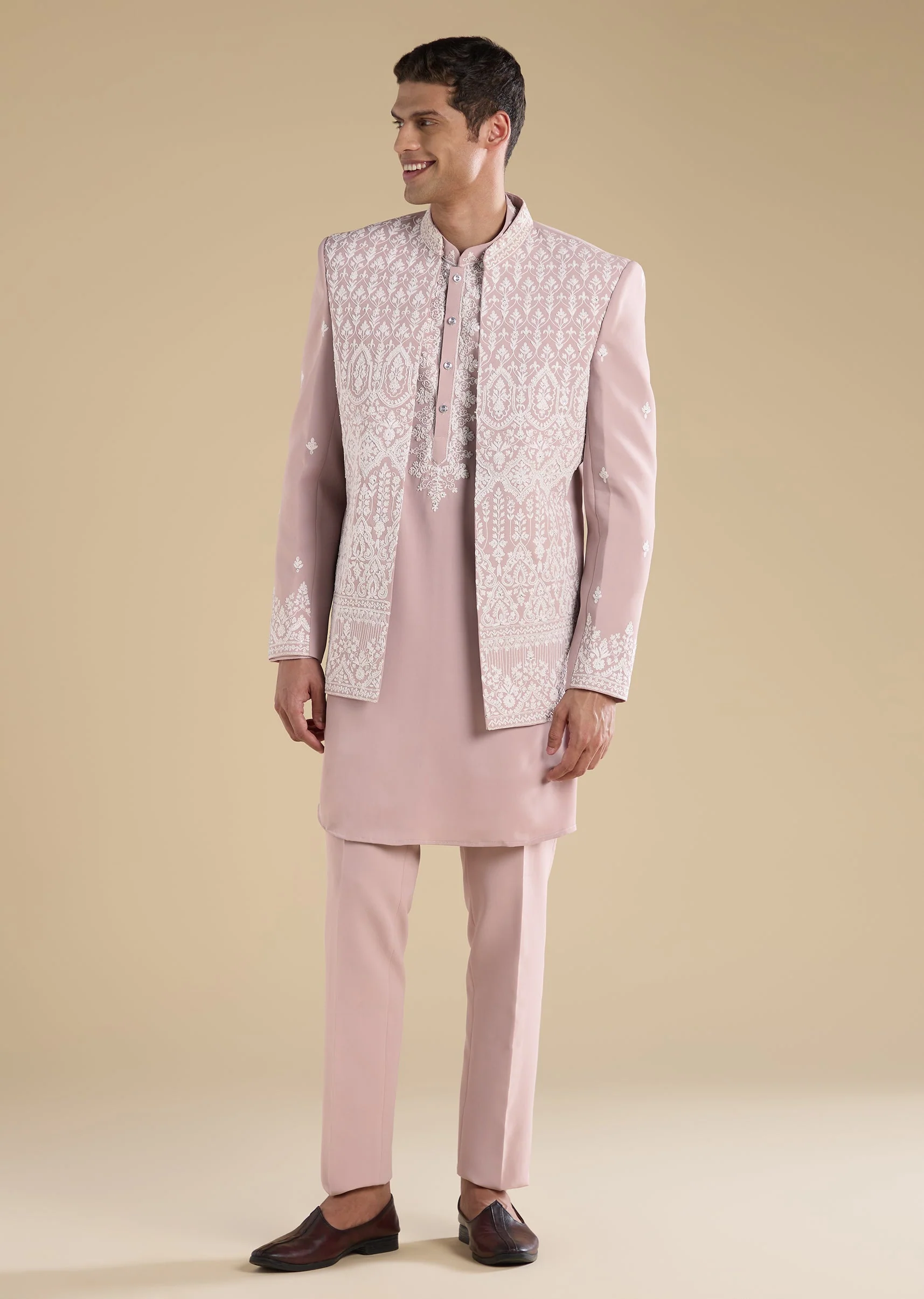 Pink Embellished Jodhpuri Set With Kurta And Pants - Image 3