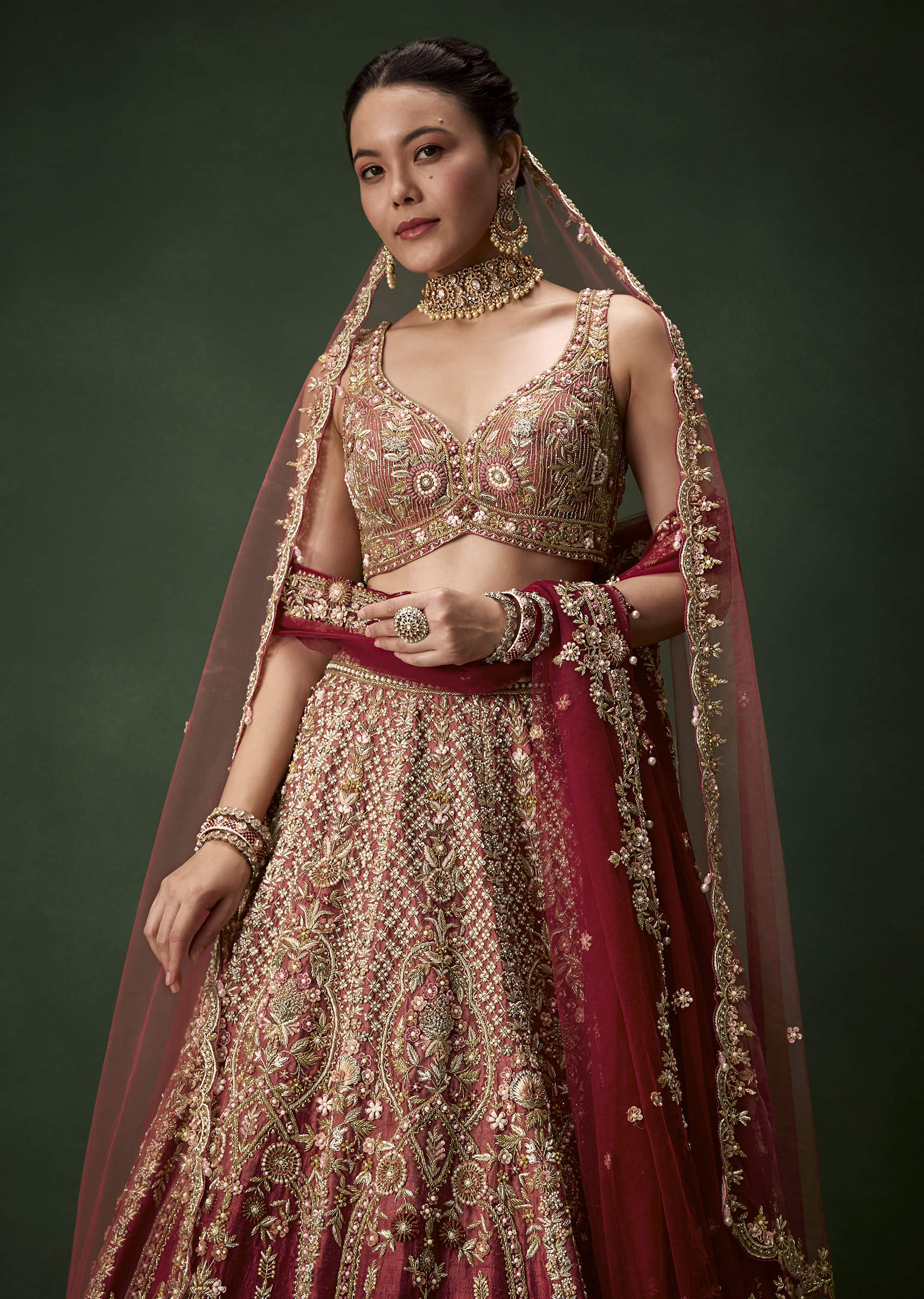 Pink Embroidered Bridal Raw Silk Lehenga Set with Two Dupattas - Image 3