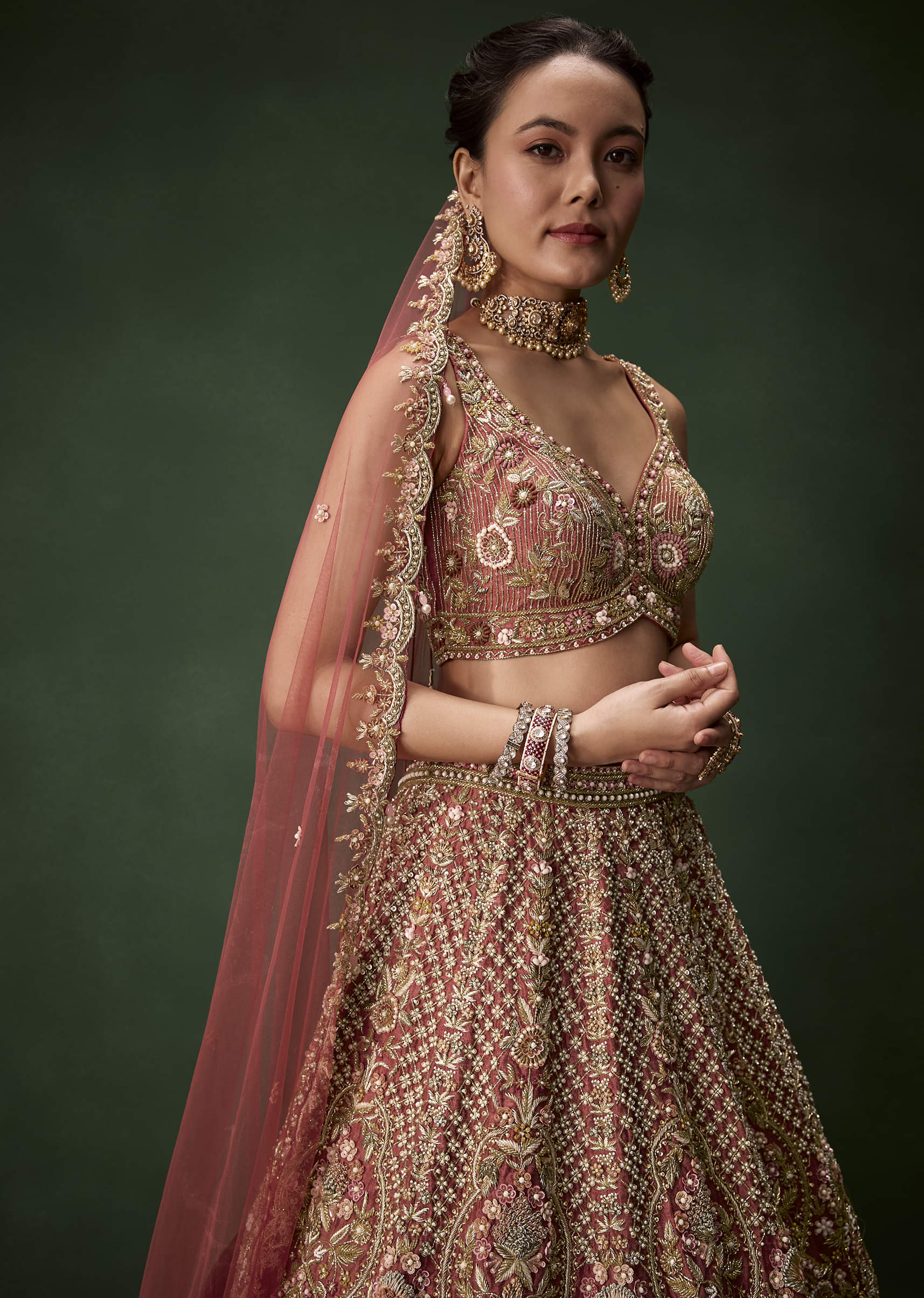 Pink Embroidered Bridal Raw Silk Lehenga Set with Two Dupattas - Image 5