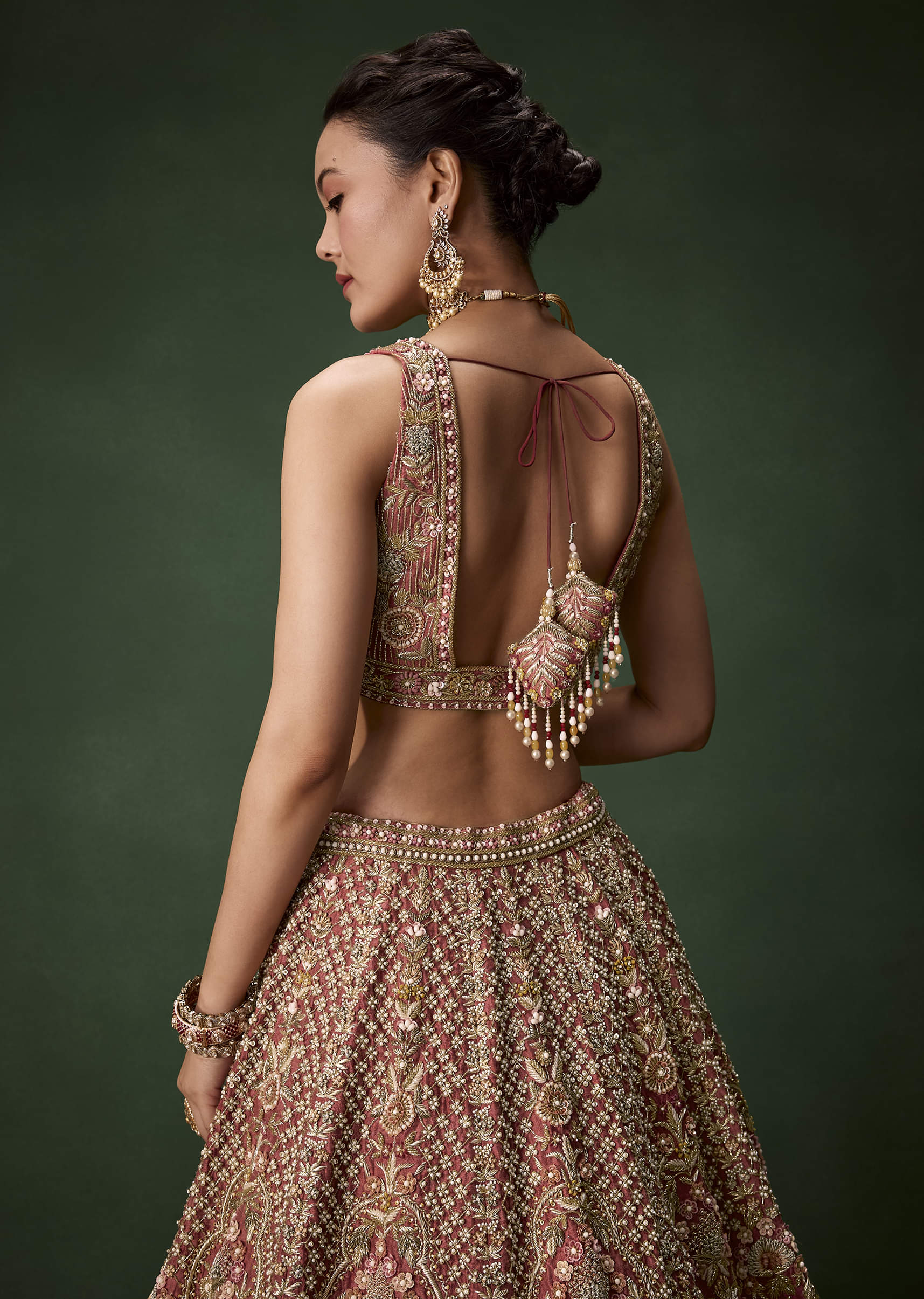 Pink Embroidered Bridal Raw Silk Lehenga Set with Two Dupattas - Image 6