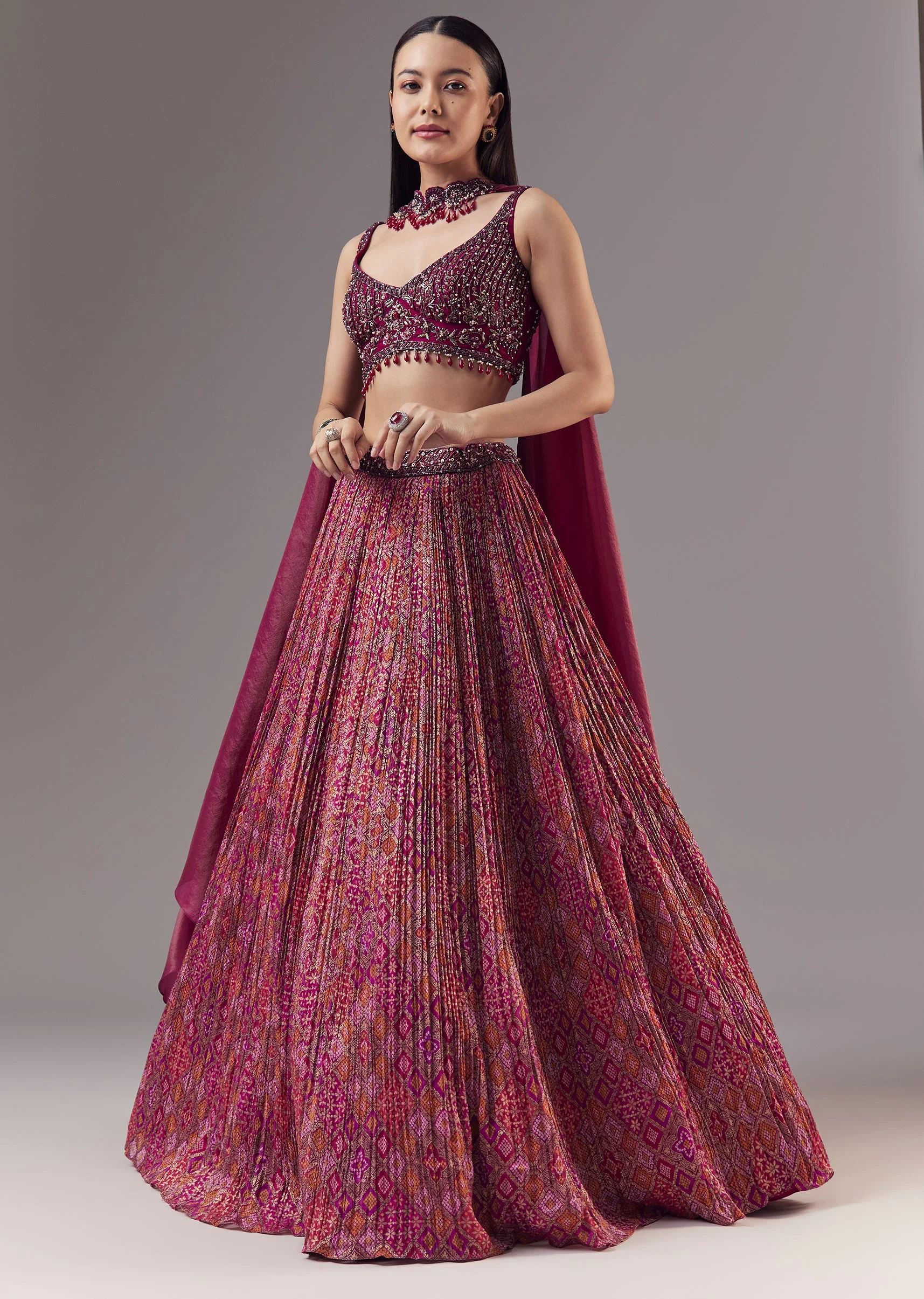 Pink Embroidered Bridesmaid Lehenga Set with Choker Dupatta - Image 4