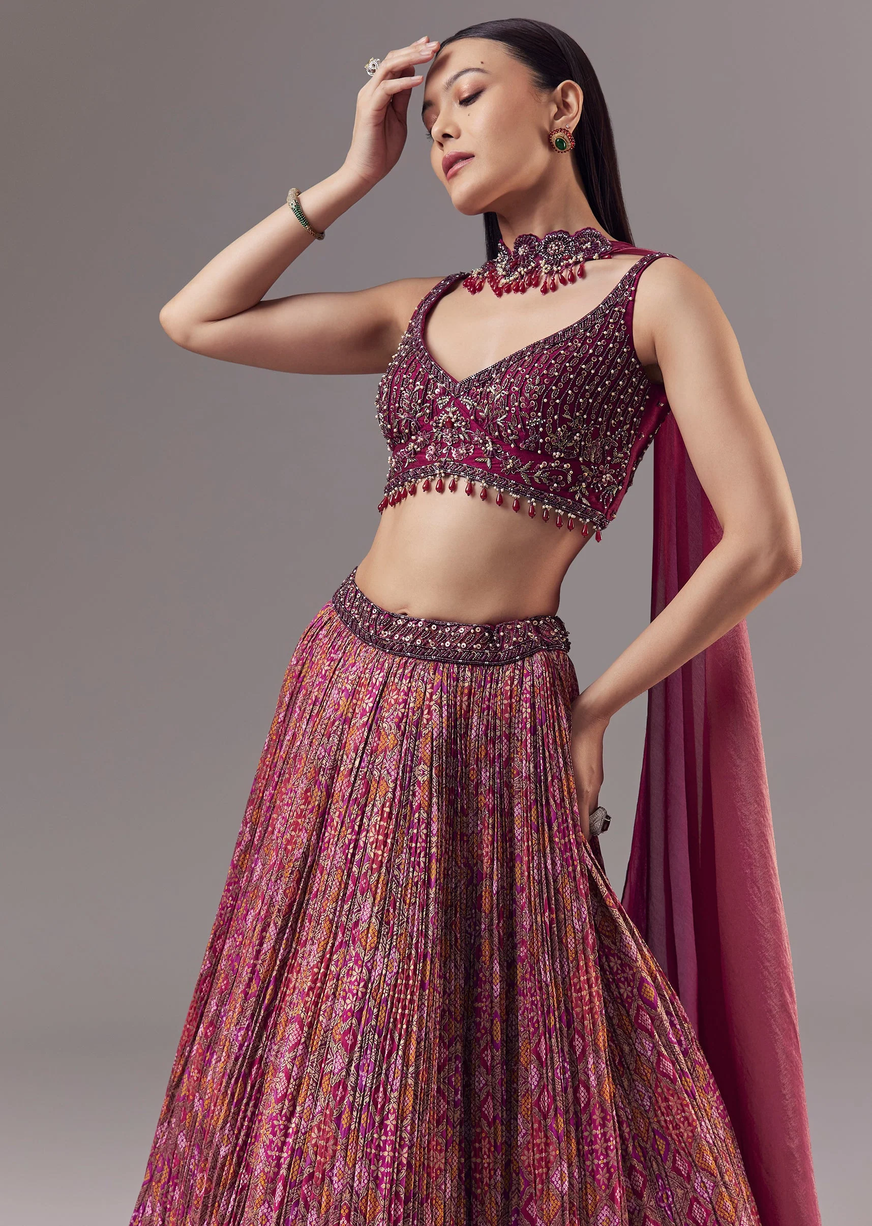 Pink Embroidered Bridesmaid Lehenga Set with Choker Dupatta - Image 5