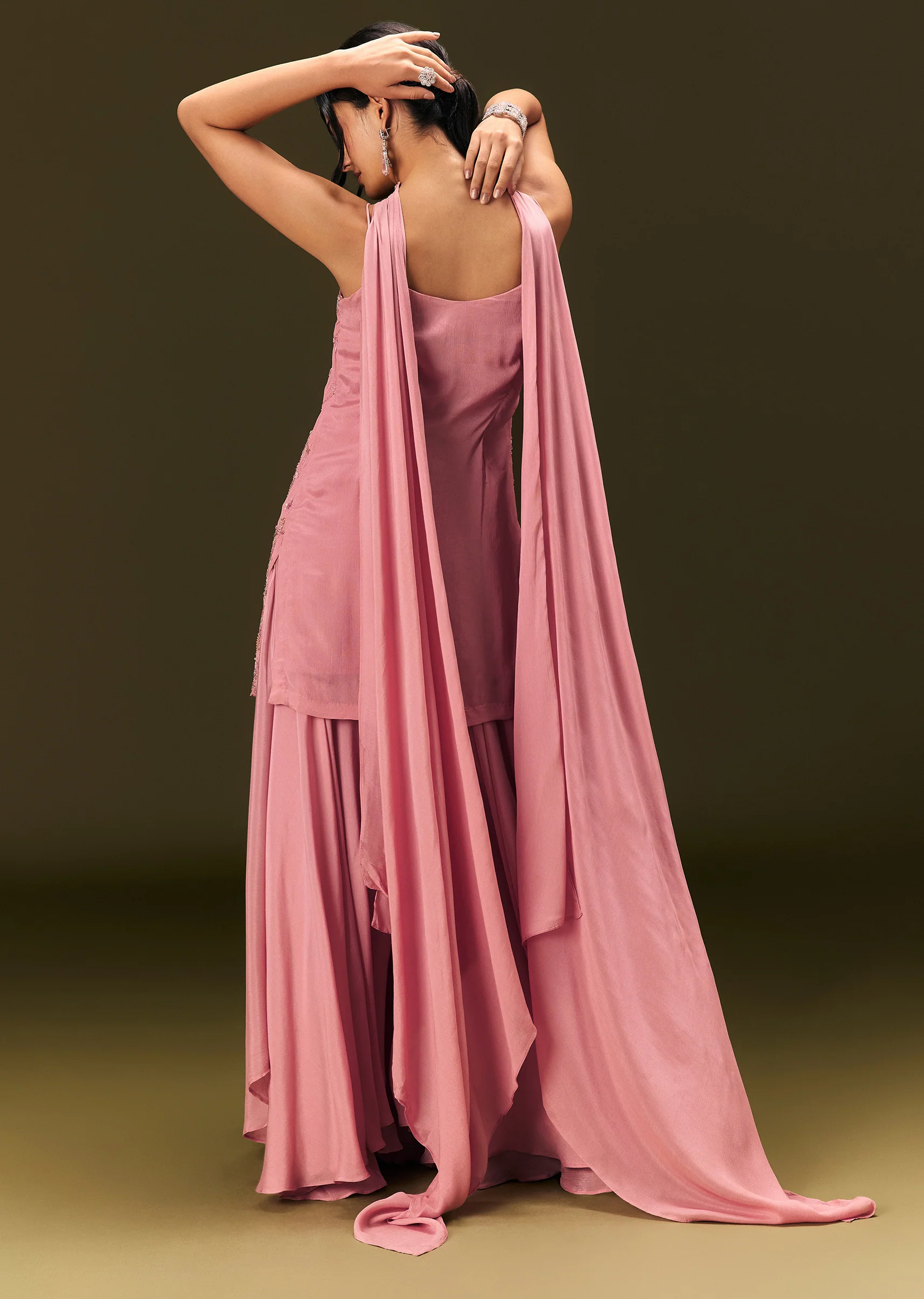 Pink Embroidered Chinon Kurti With Flared Pant And Choker Dupatta - Image 5