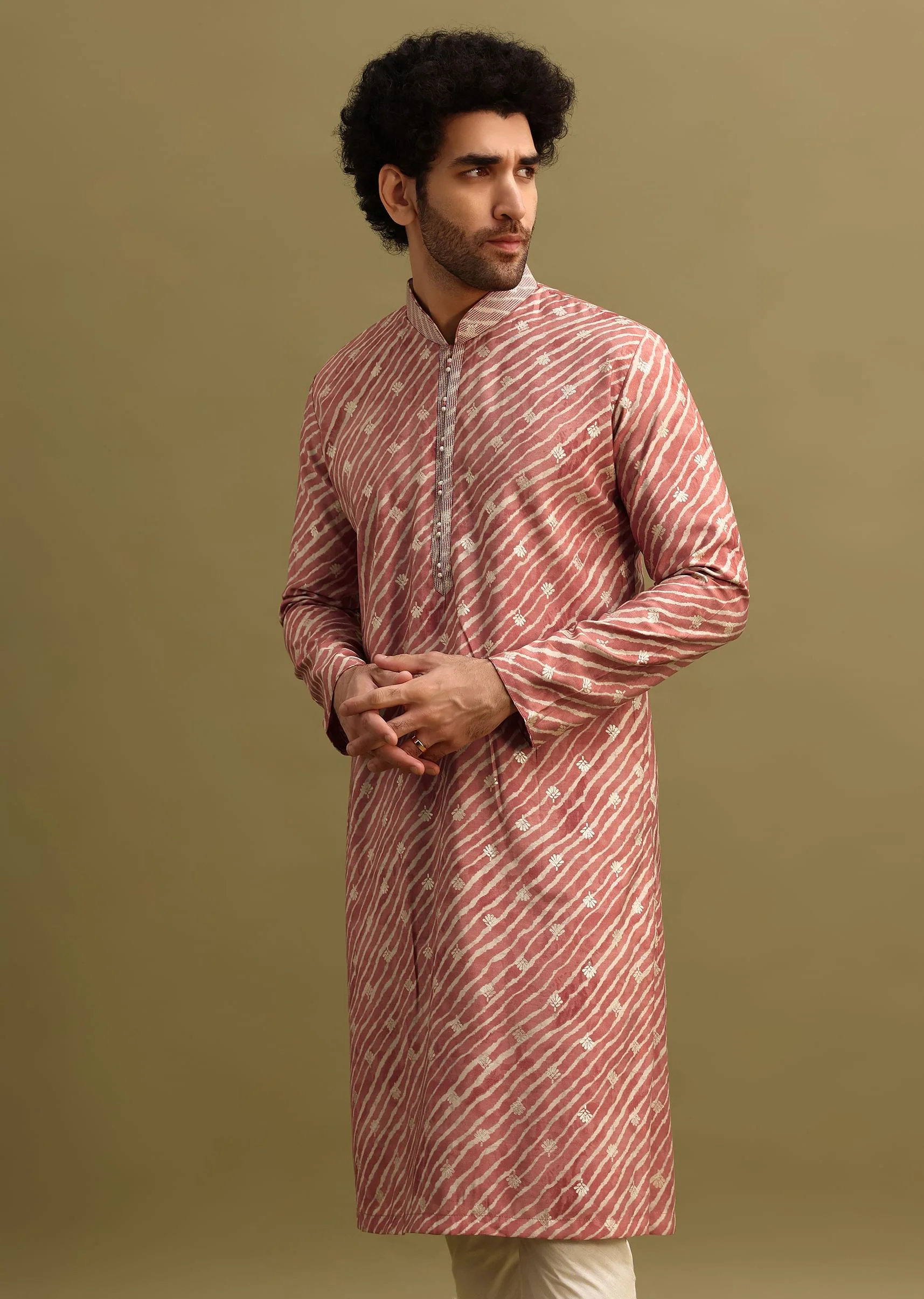 Pink Embroidered Lehariya Print Kurta Set - Image 3