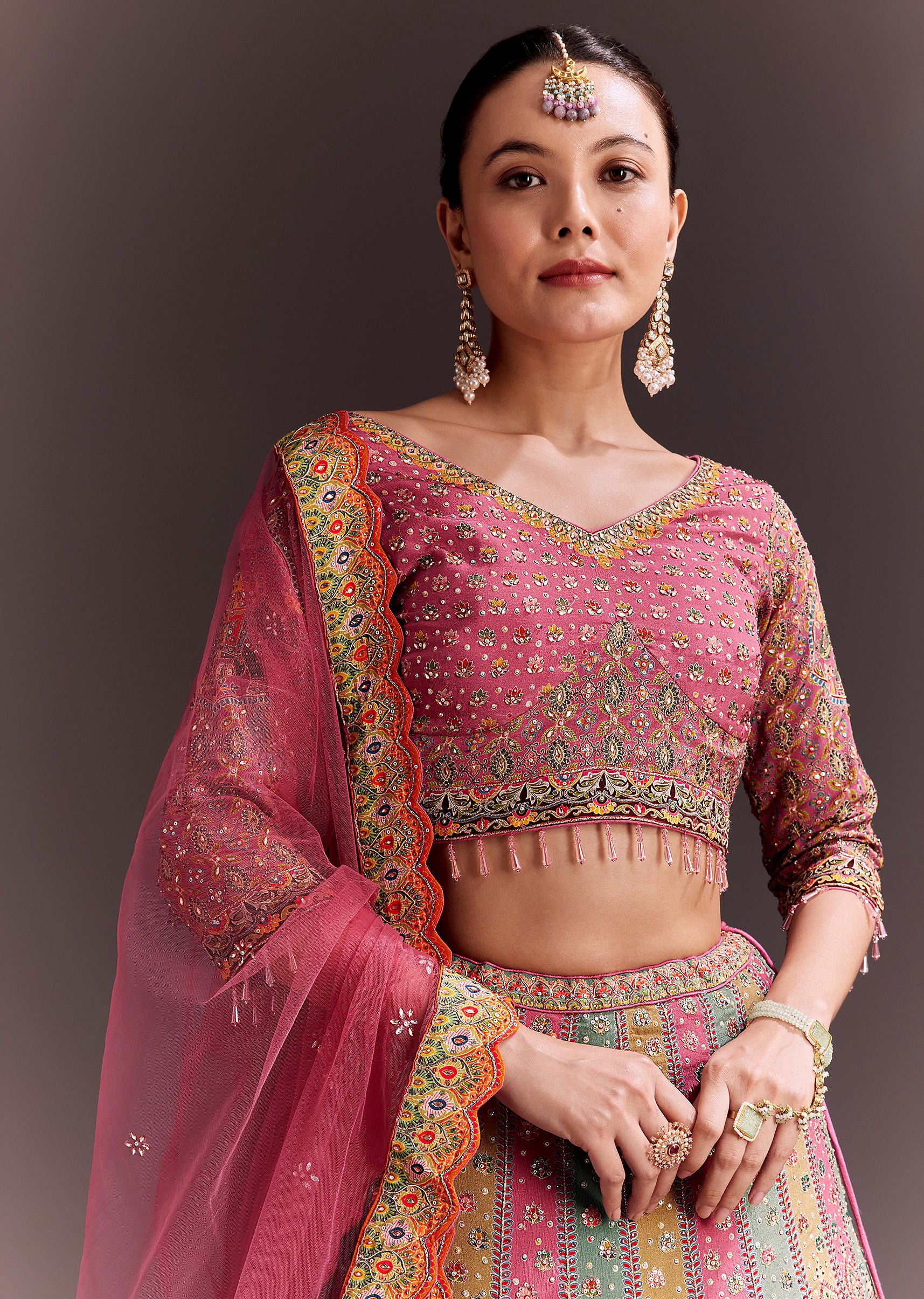 Pink Embroidered Lehenga Set With Net dupatta - Image 4