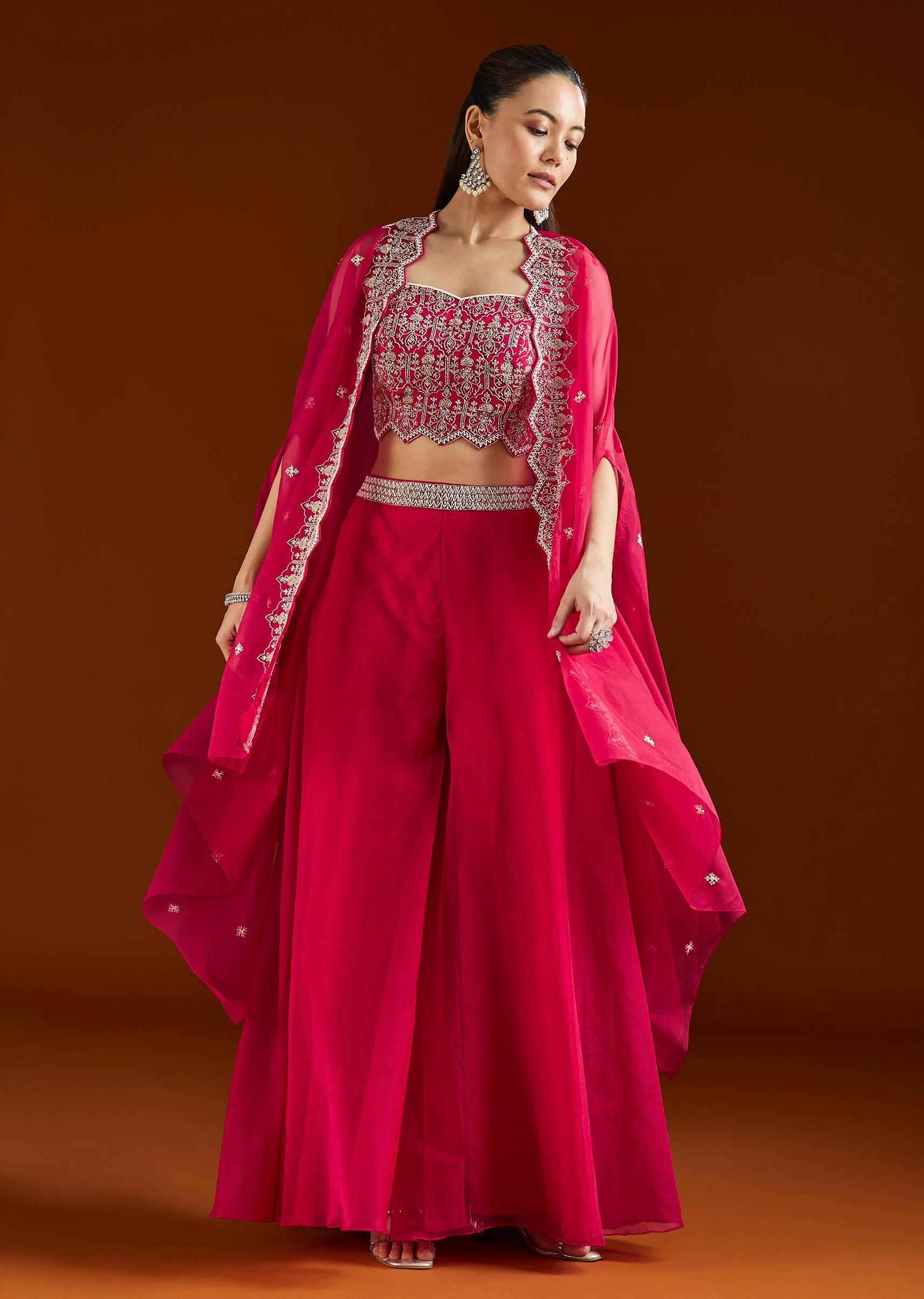 Pink Embroidered Organza Cape Palazzo Set - Image 3