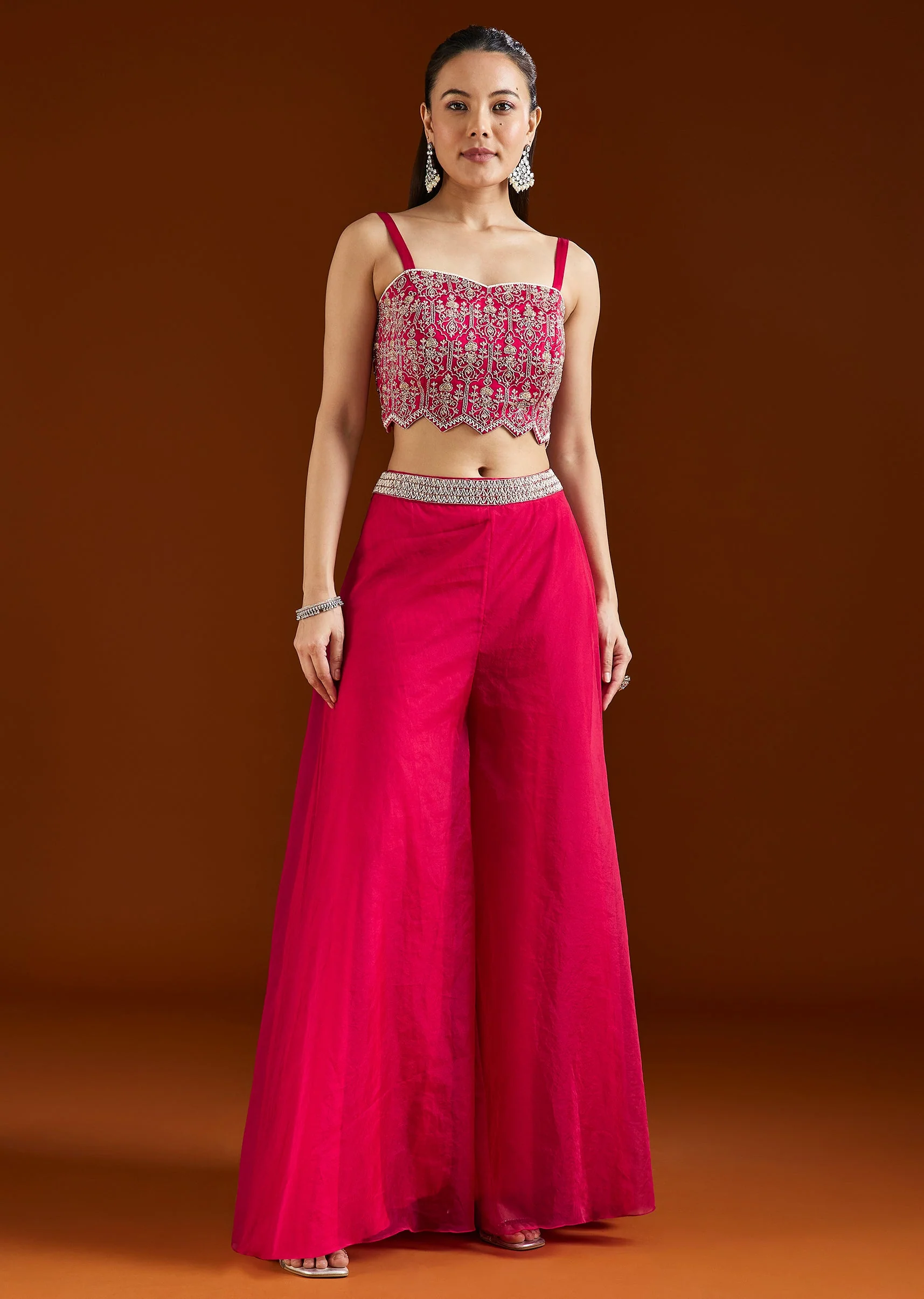 Pink Embroidered Organza Cape Palazzo Set - Image 6