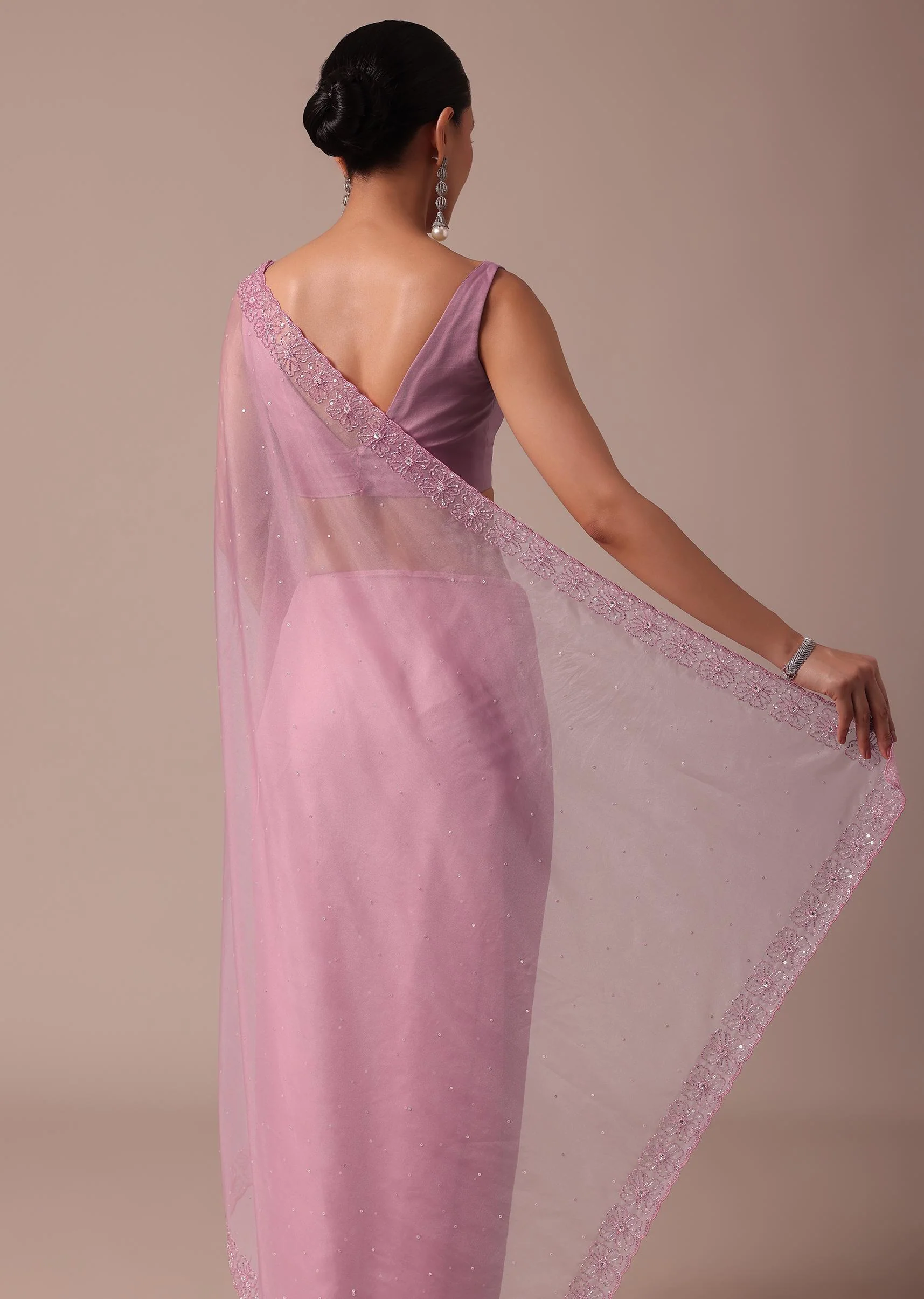 Pink Embroidered Organza Saree With Unstitched Blouse - Image 6
