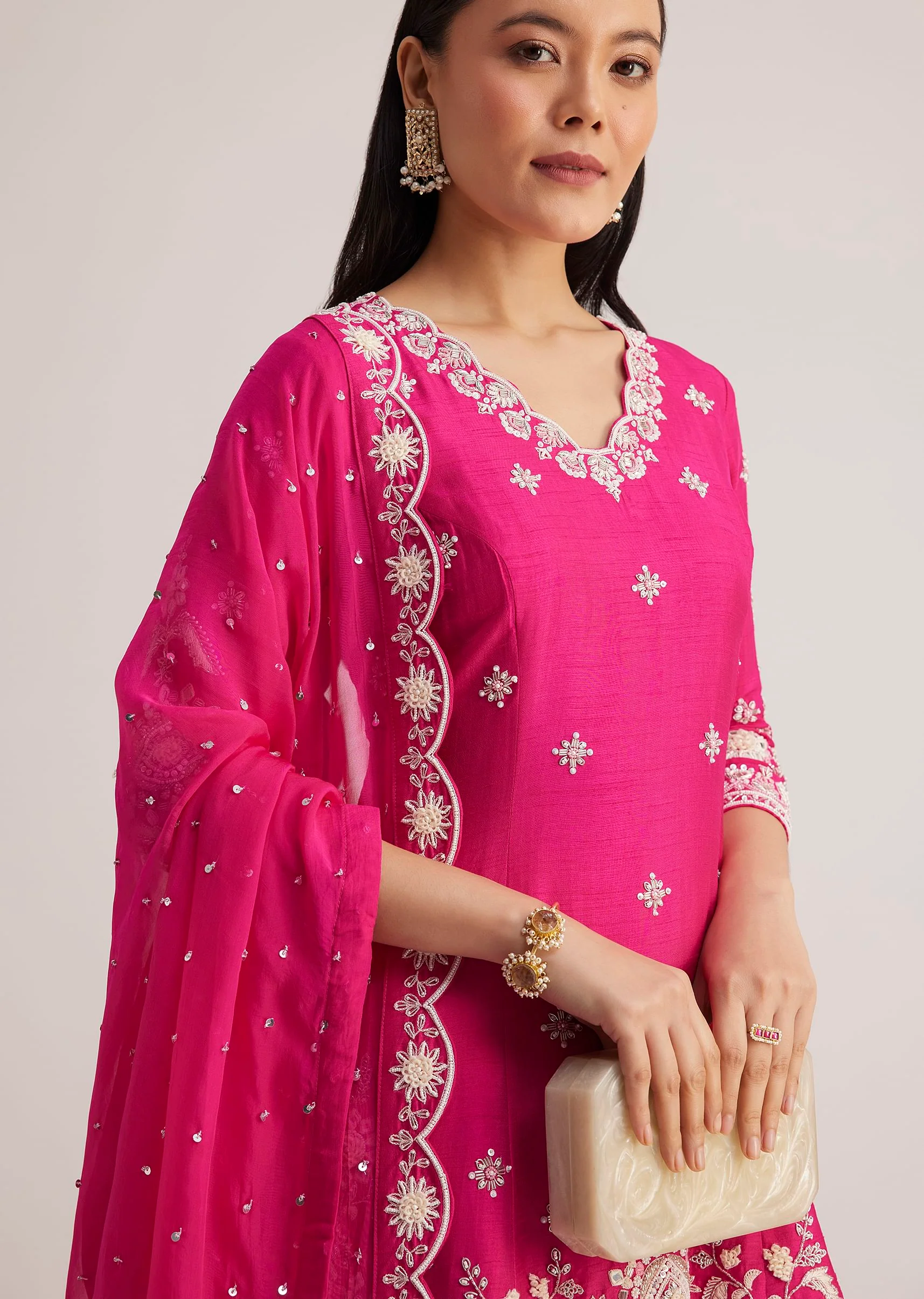 Pink Embroidered Palazzo Suit With Dupatta - Image 3