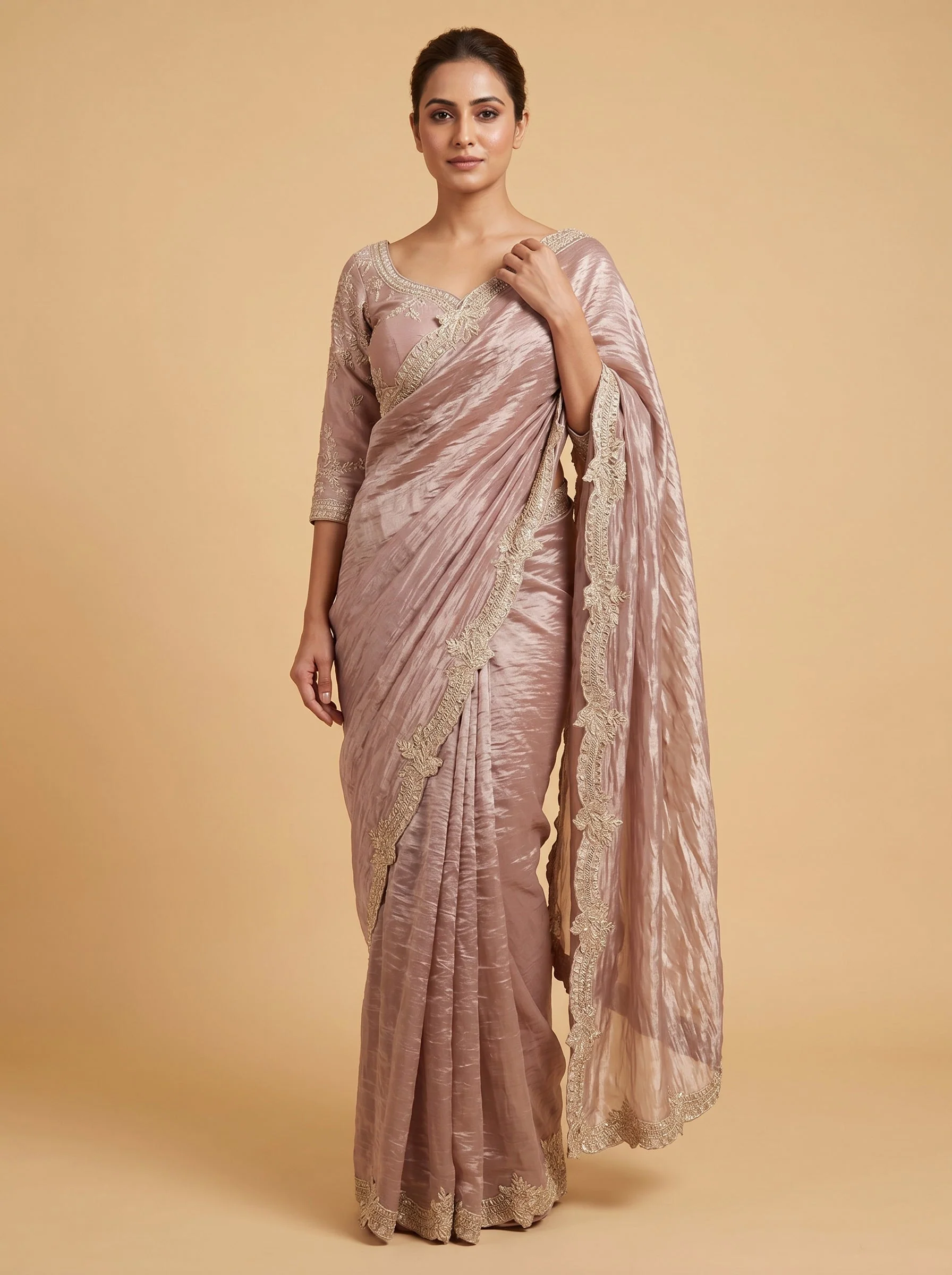 Pink embroidered saree with fine detailing