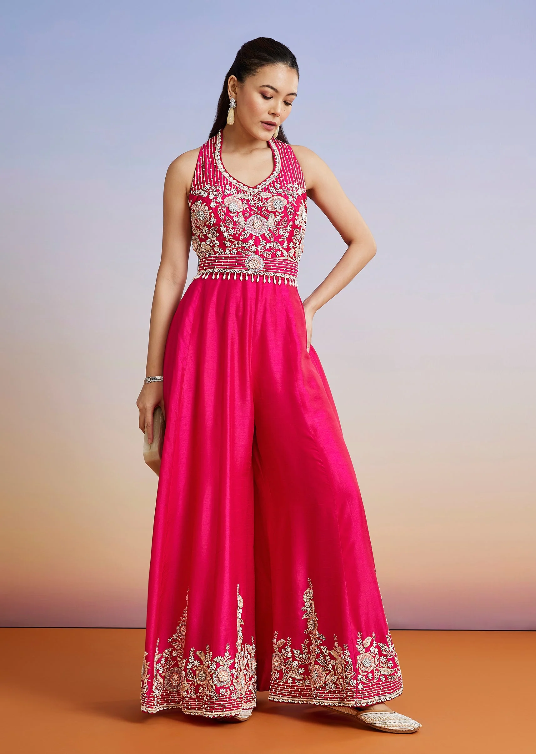 Pink Embroidered Silk Blend Jumpsuit With Belt - Image 3