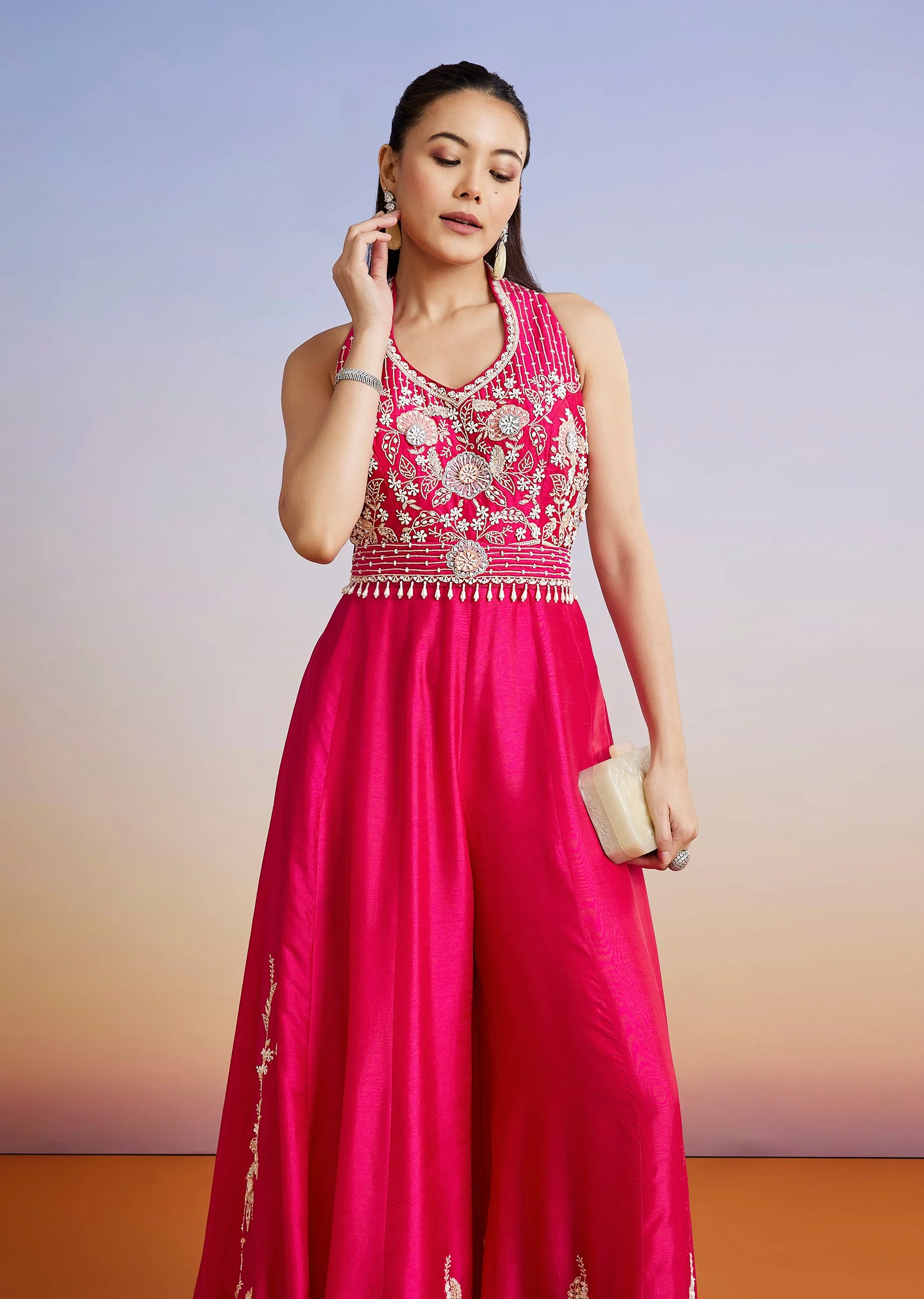 Pink Embroidered Silk Blend Jumpsuit With Belt - Image 4