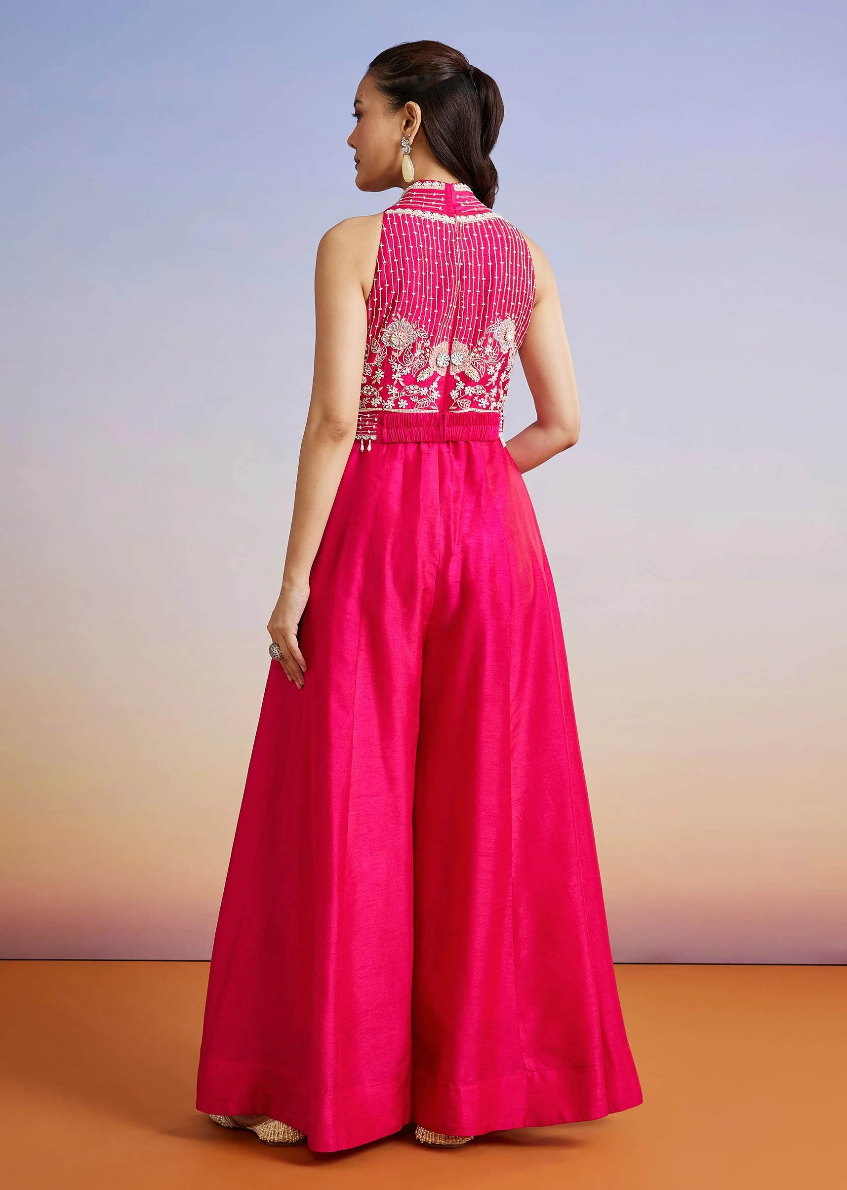 Pink Embroidered Silk Blend Jumpsuit With Belt - Image 5
