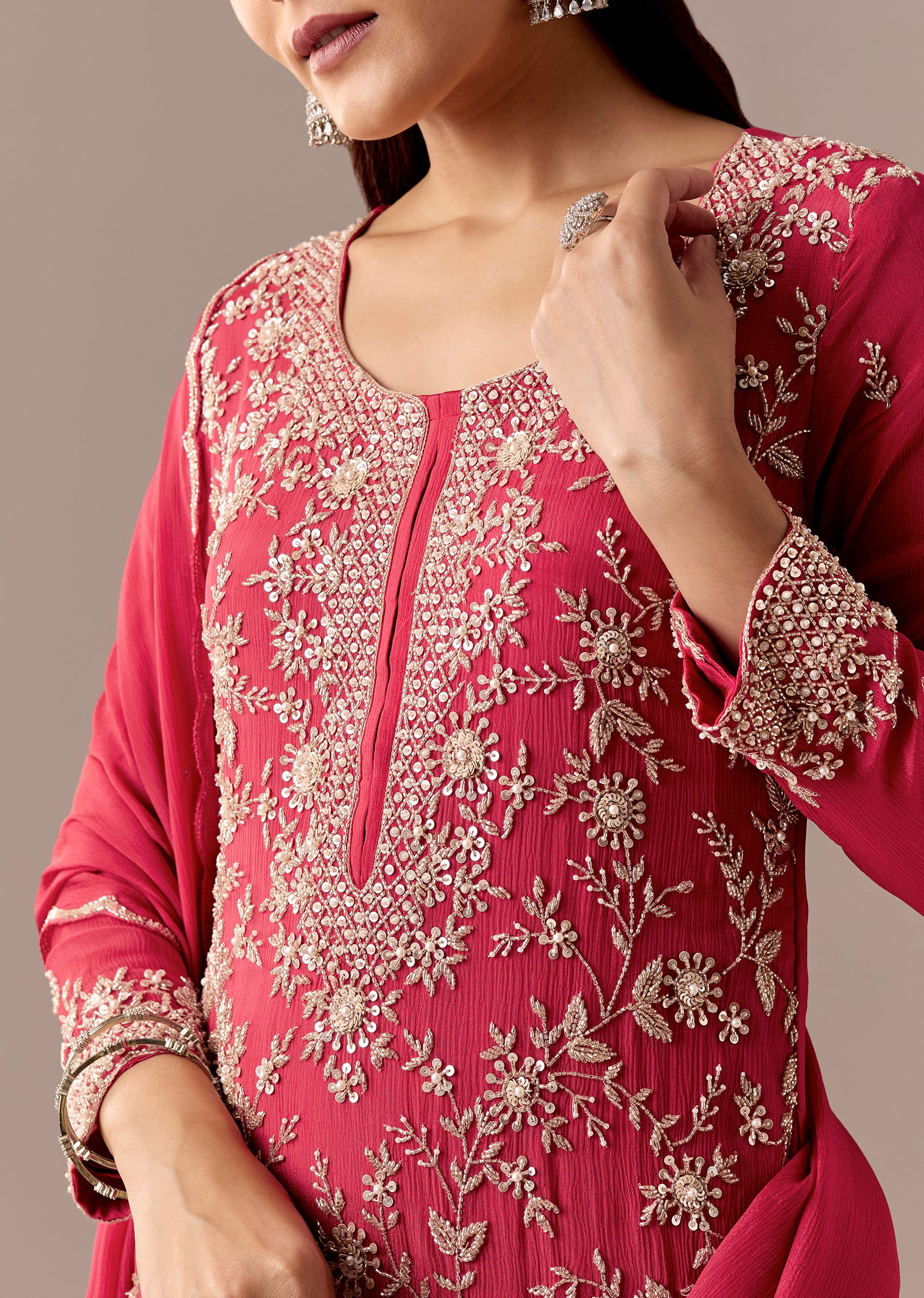 Pink Festive Coordination – Pakistani Style Palazzo Suit For Her And Pink Silk Mirror Work Kurta Set For Him - Image 2