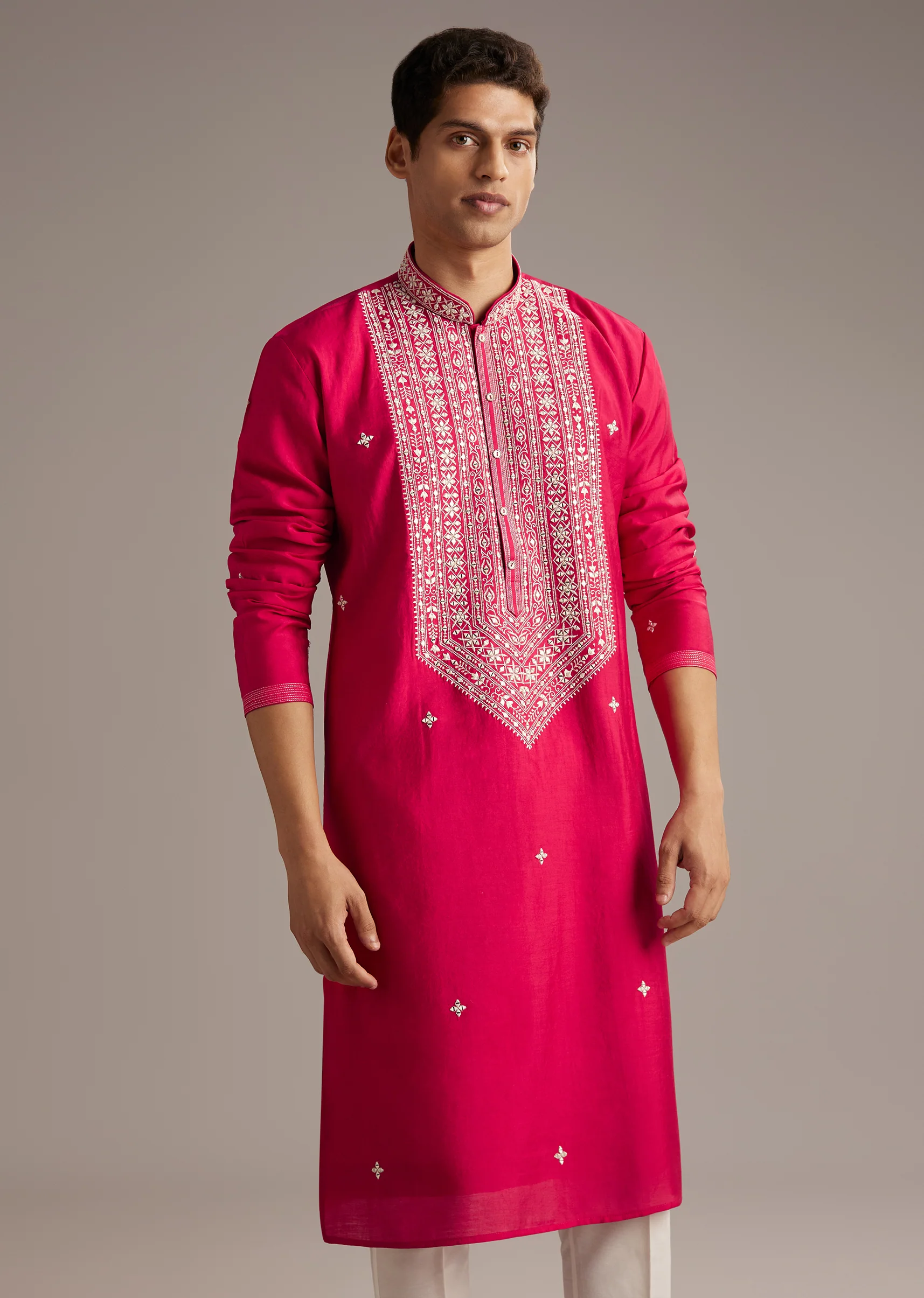 Pink Festive Coordination – Pakistani Style Palazzo Suit For Her And Pink Silk Mirror Work Kurta Set For Him - Image 8