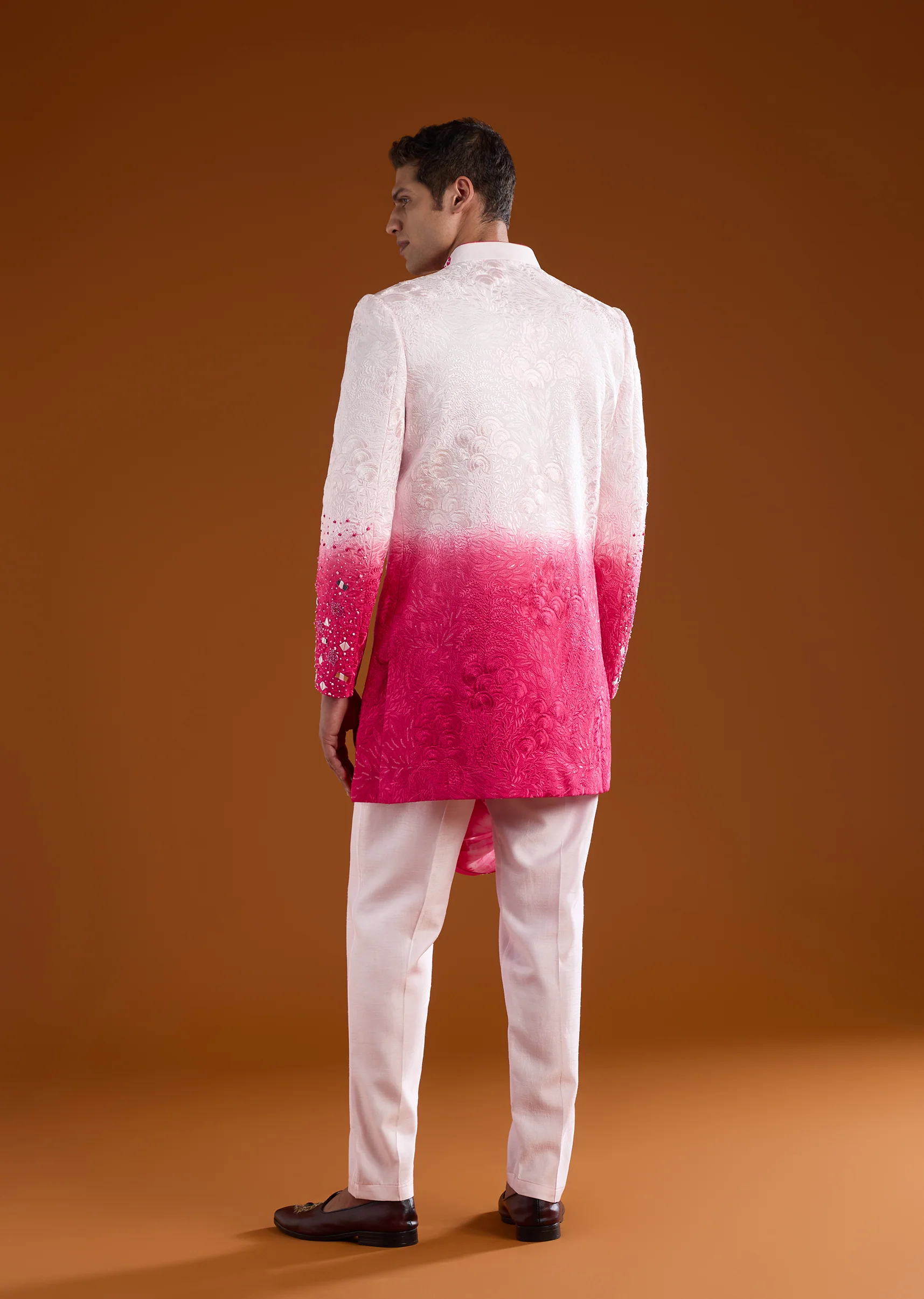 Pink Festive Duo – Bridesmaid Lehenga With Cape For Her And Silk Indo Western Jacket Set For Him - Image 9