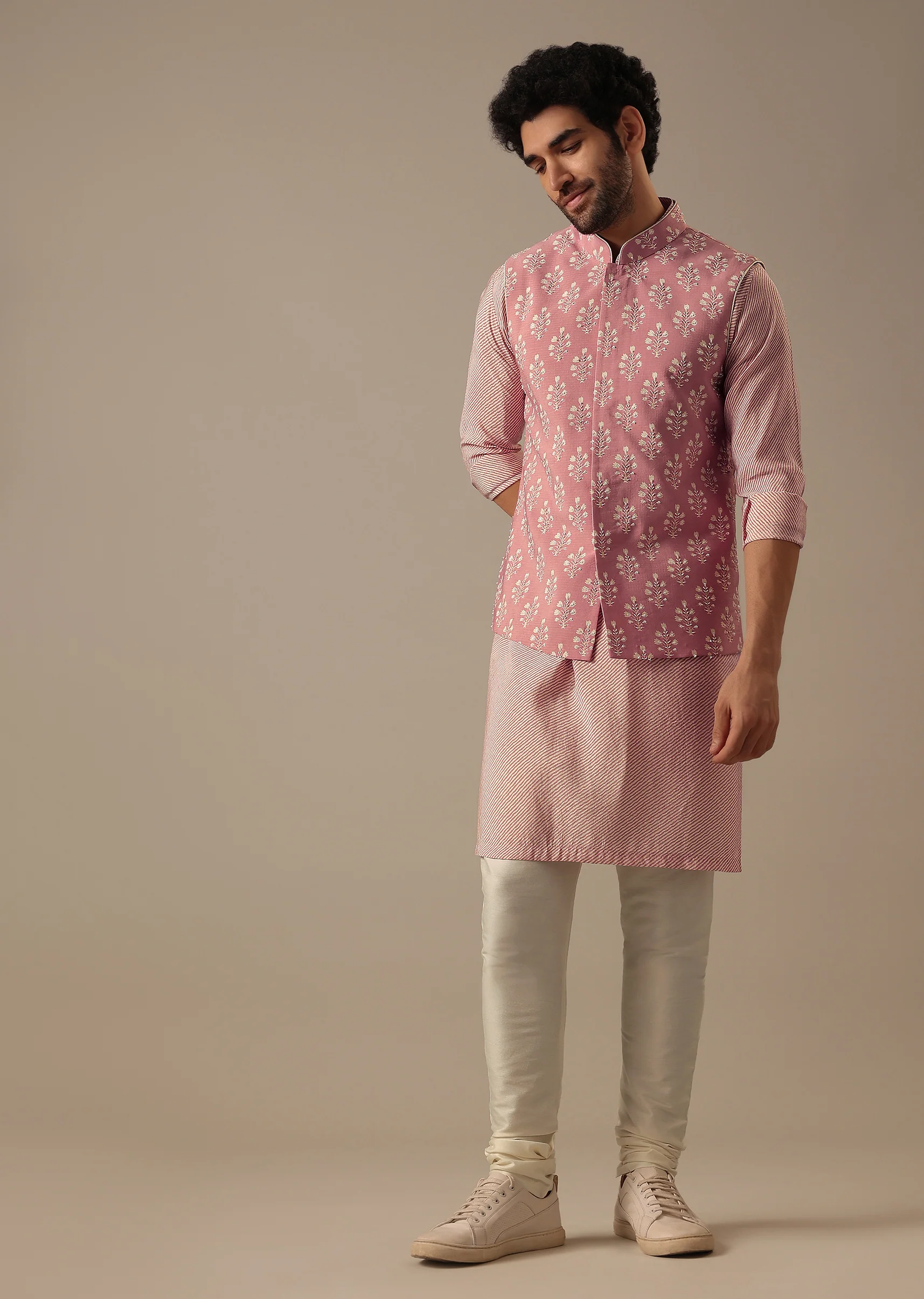 Pink Floral Bundi & Striped Kurta Set - Image 2
