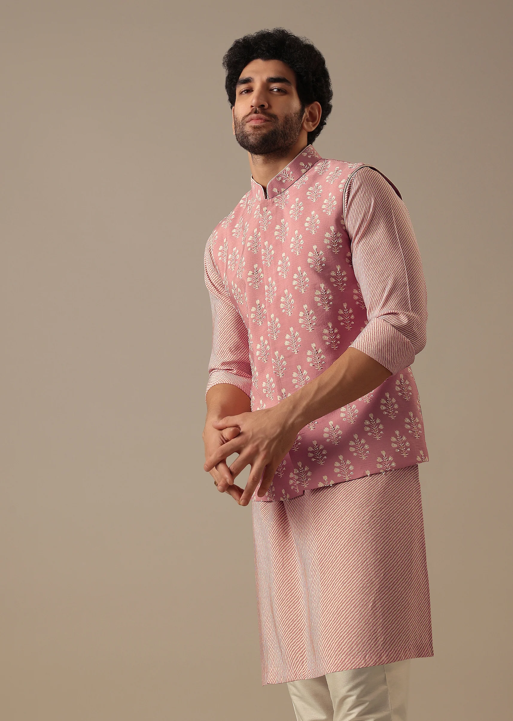 Pink Floral Bundi & Striped Kurta Set - Image 3