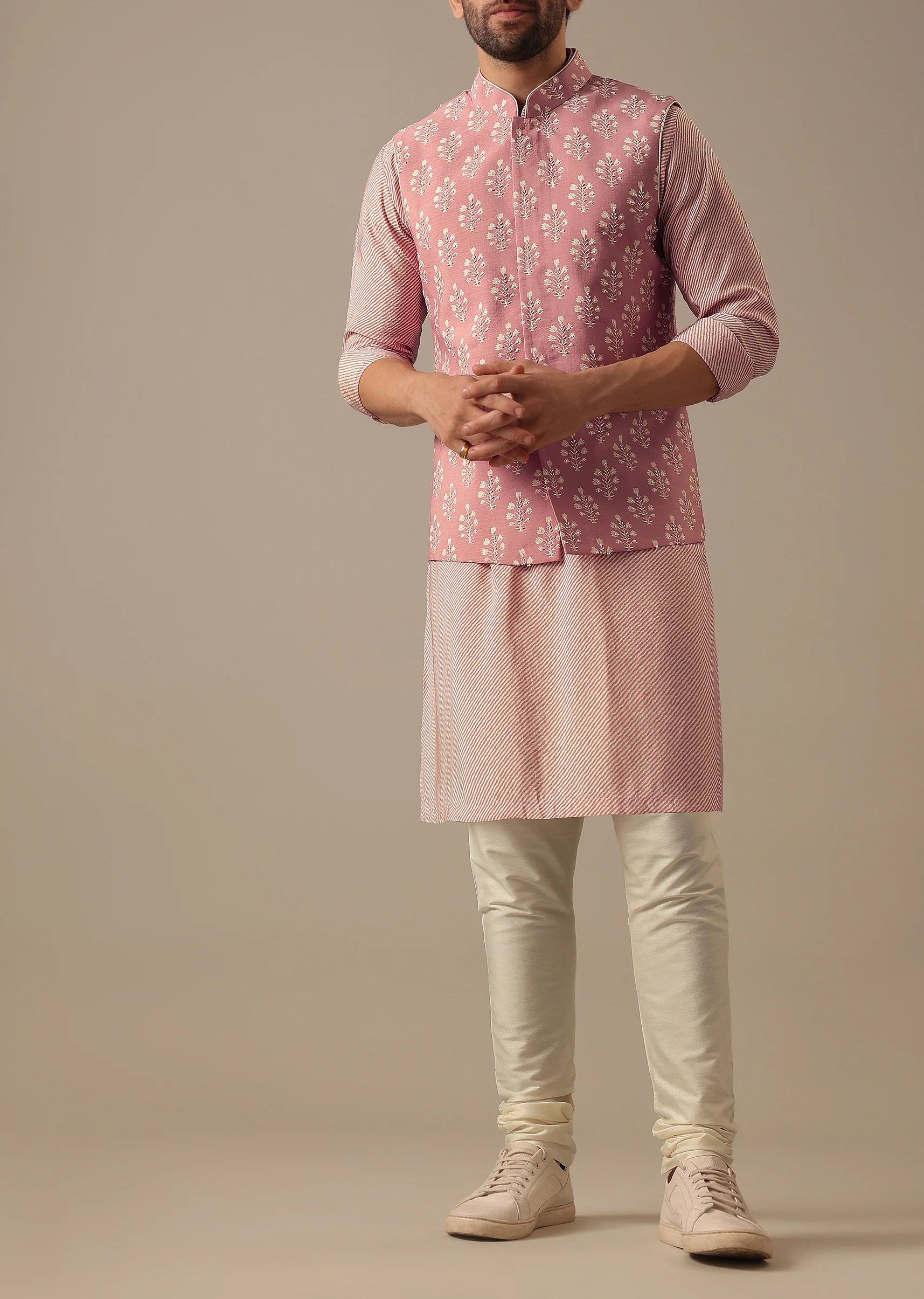 Pink Floral Bundi & Striped Kurta Set - Image 4