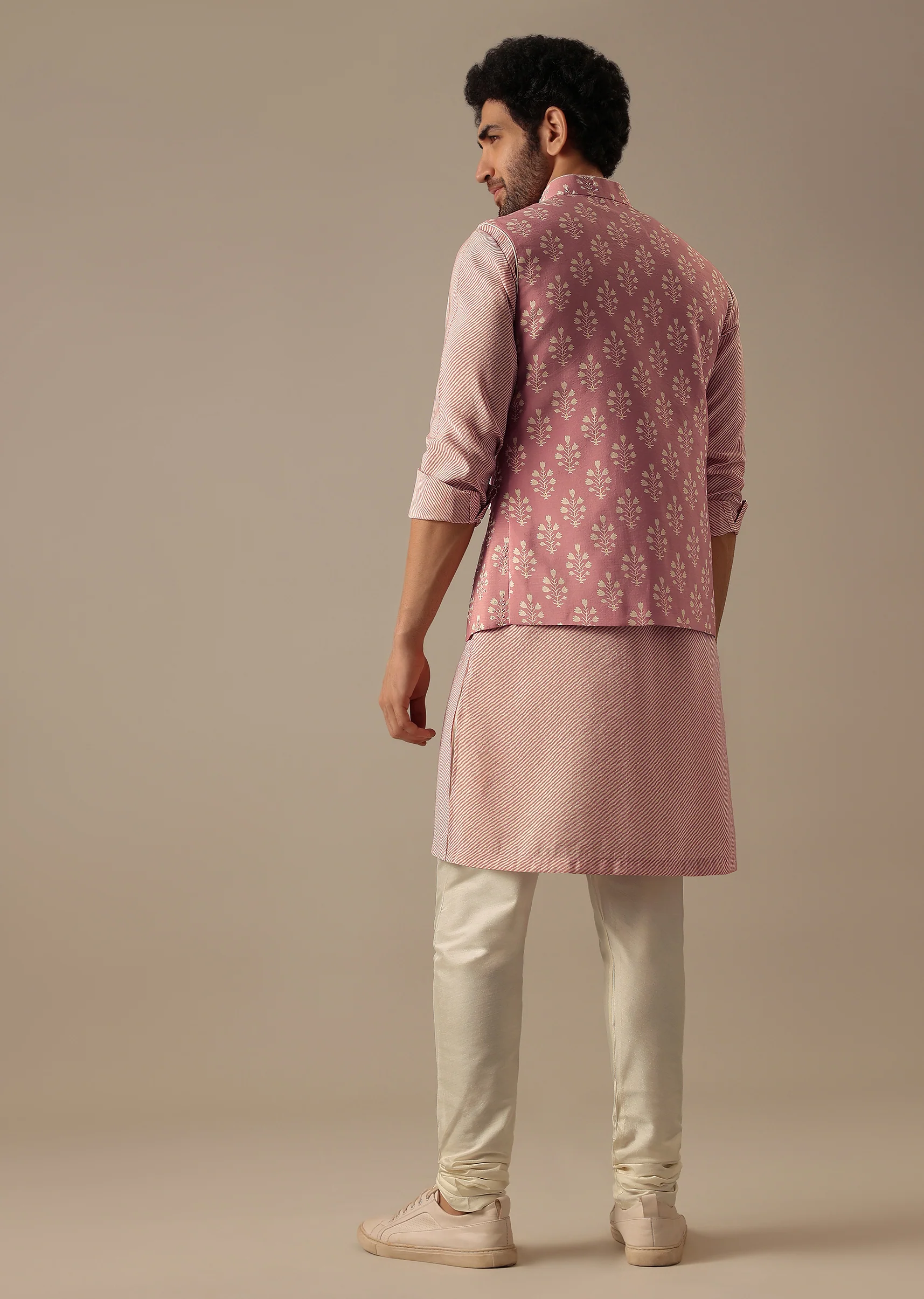 Pink Floral Bundi & Striped Kurta Set - Image 5