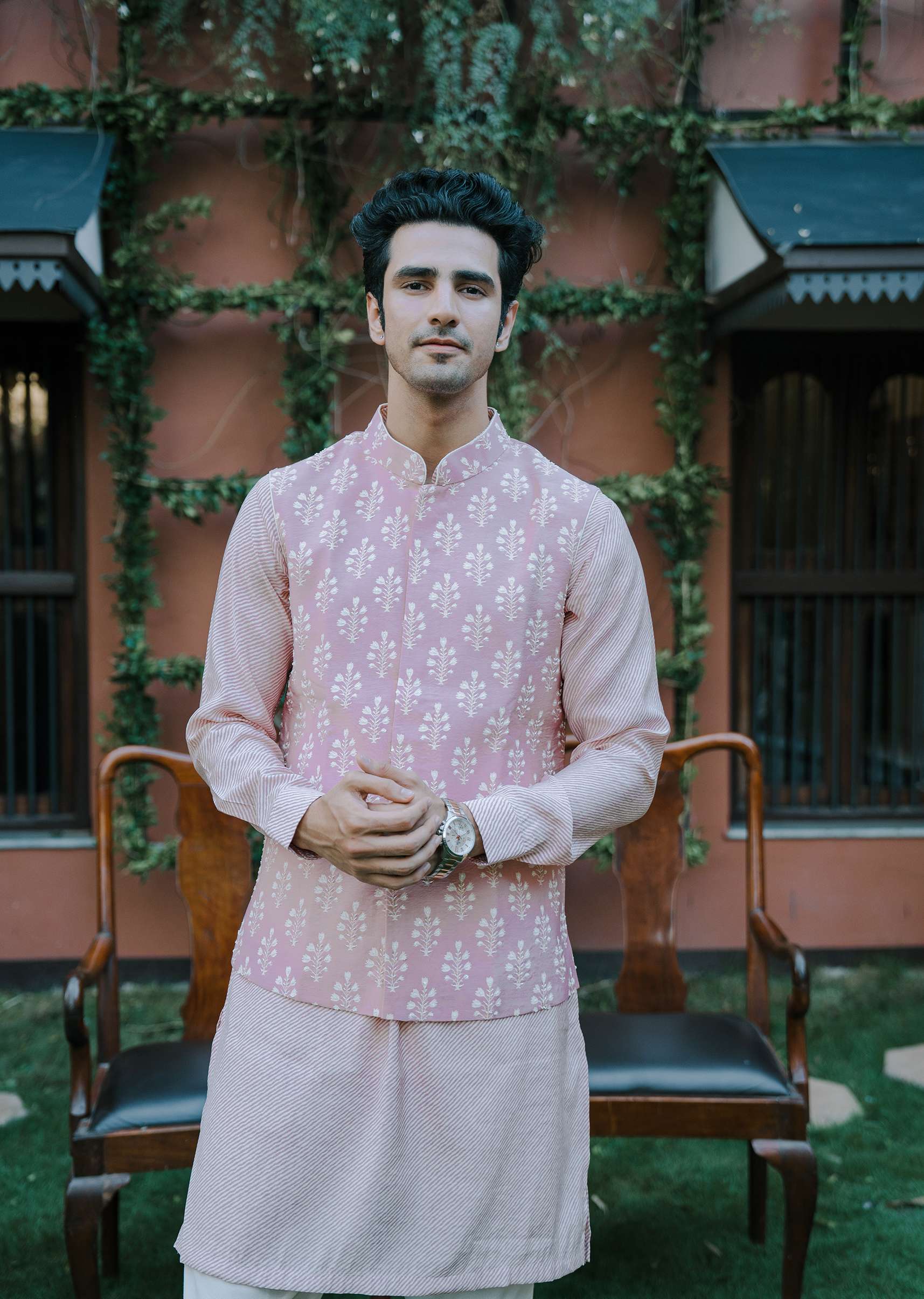 Pink Floral Bundi & Striped Kurta Set - Image 8