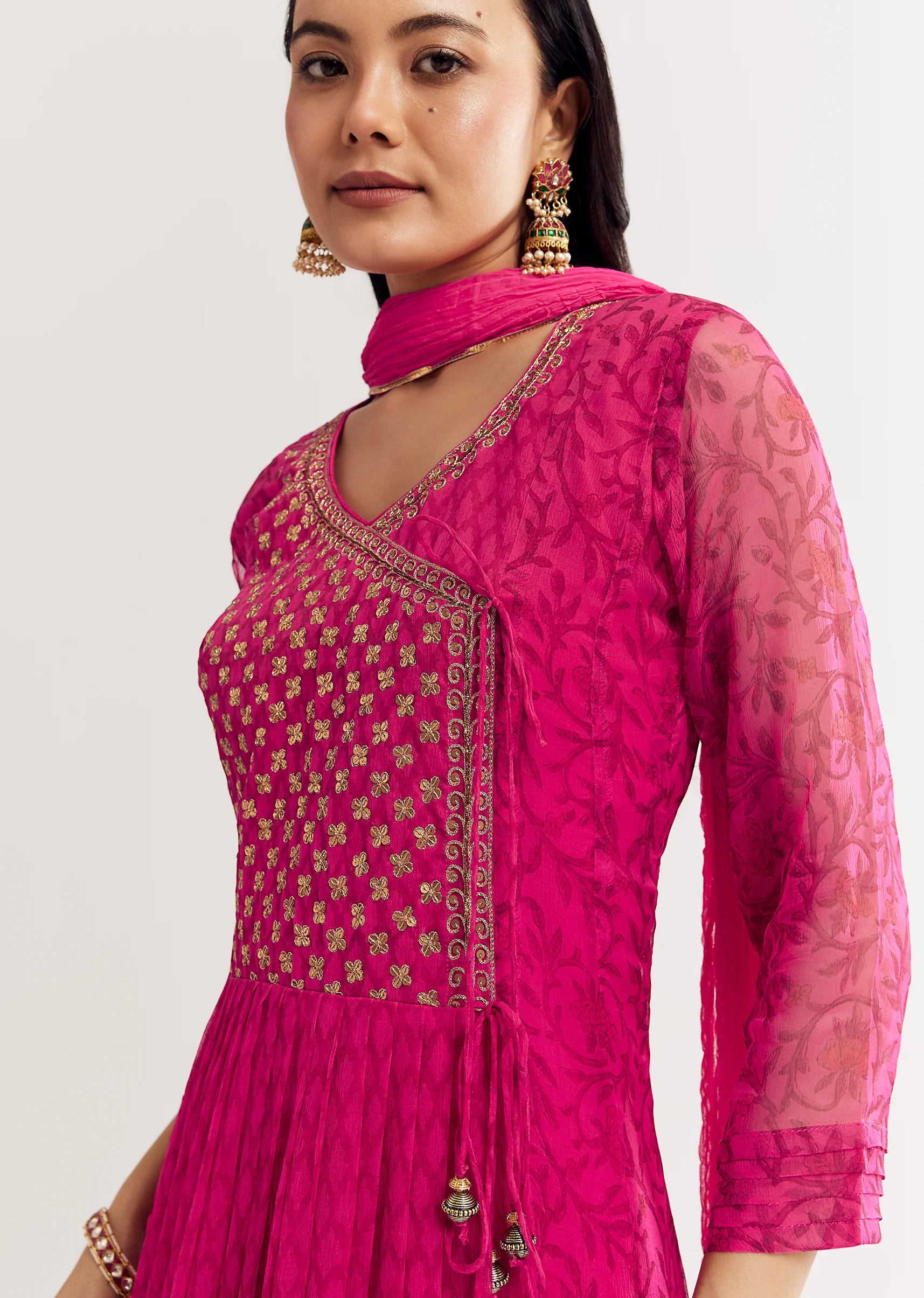 Pink Floral Chiffon Anarkali Kurta Set With Dupatta - Image 3