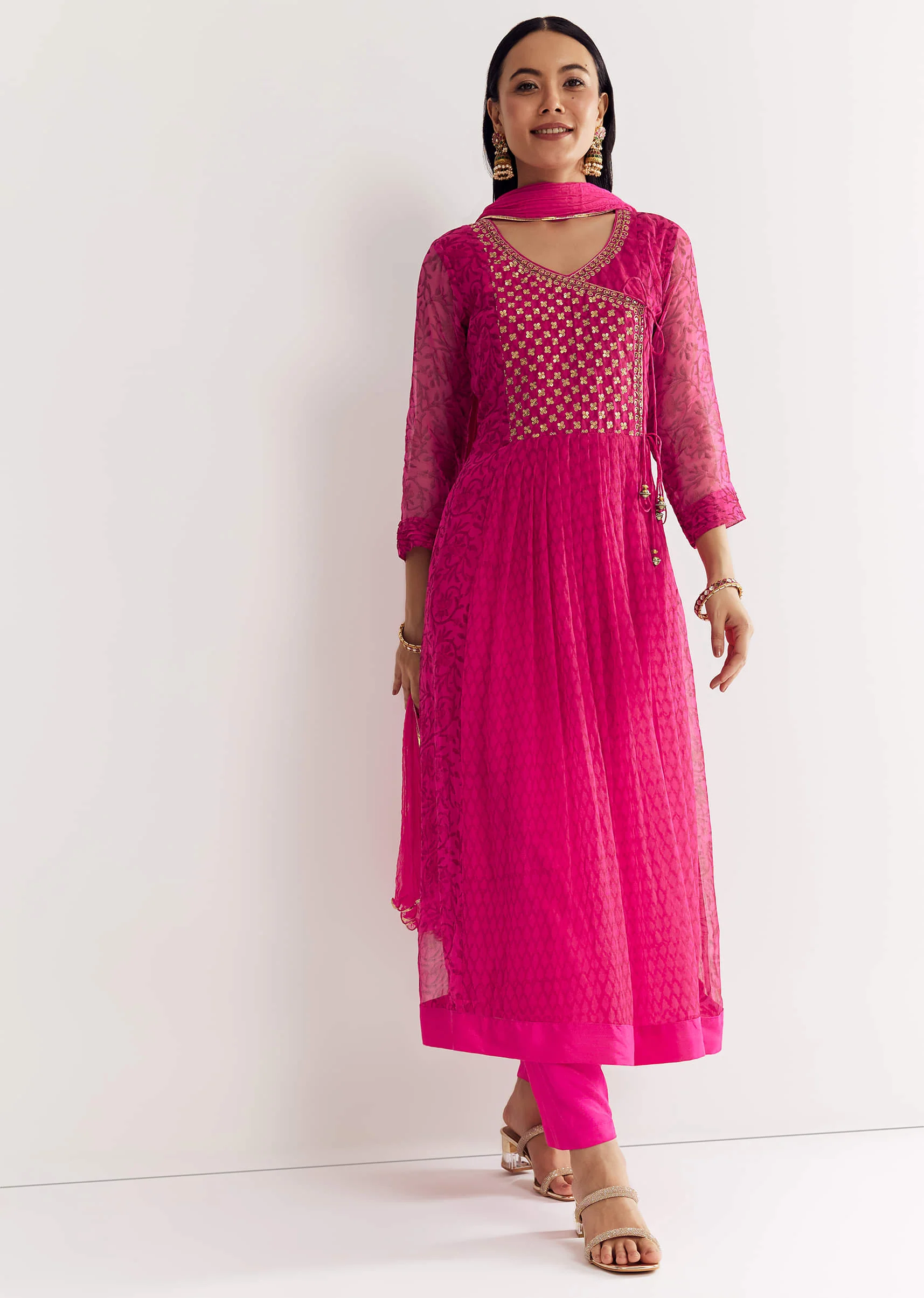 Pink Floral Chiffon Anarkali Kurta Set With Dupatta - Image 4