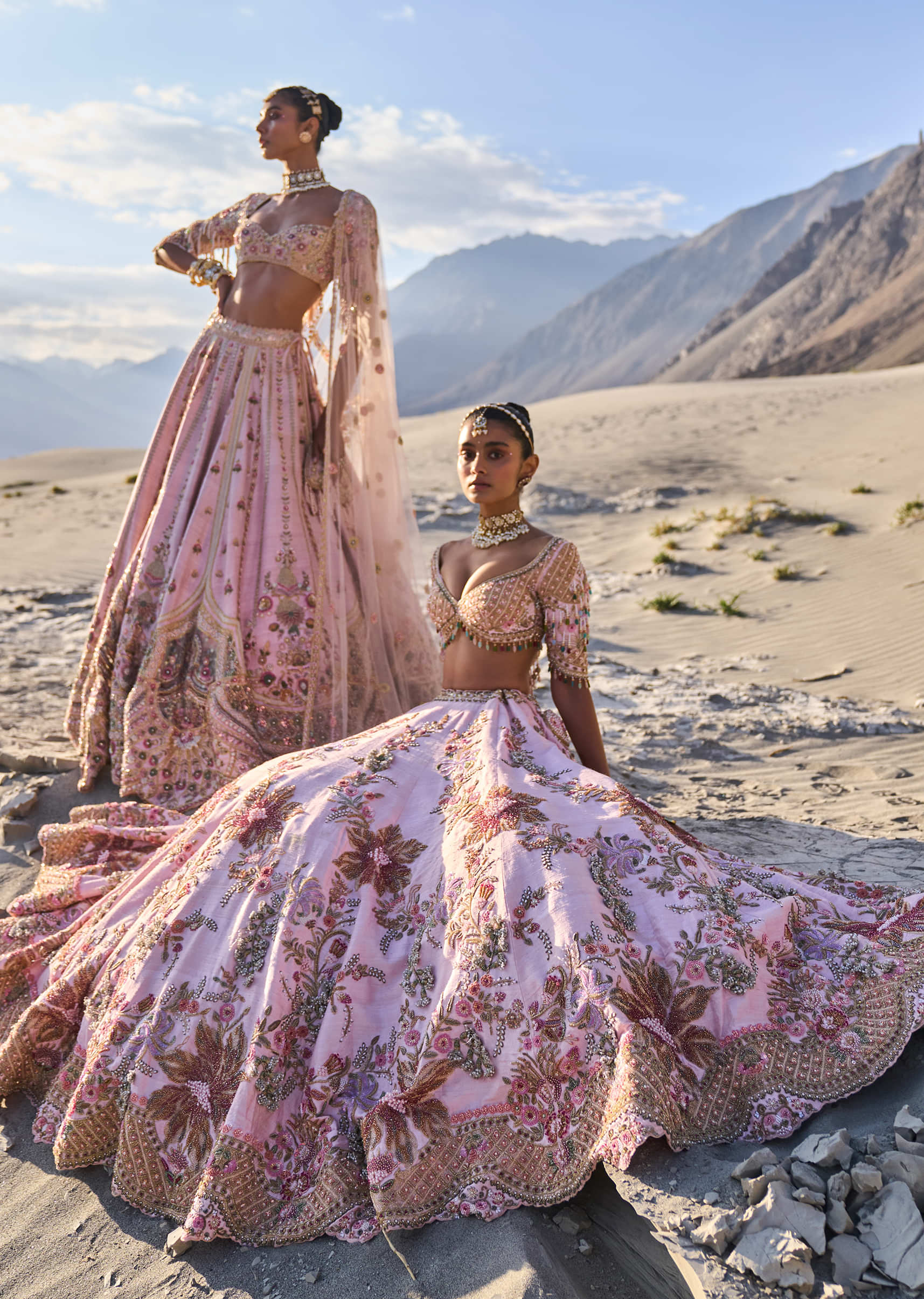 Pink Floral Embroidered Bridal Lehenga With Two Dupattas - Image 5